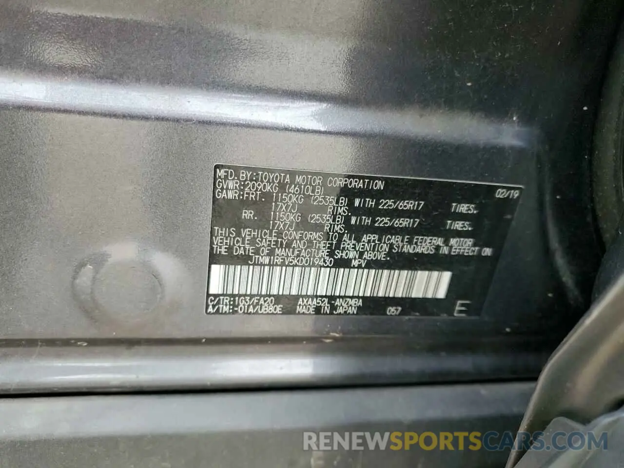 13 Photograph of a damaged car JTMW1RFV5KD019430 TOYOTA RAV4 2019
