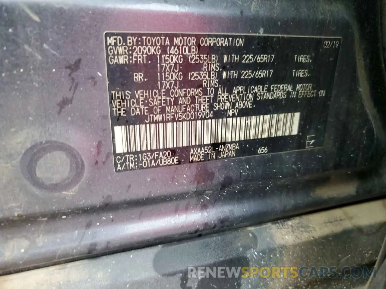 13 Photograph of a damaged car JTMW1RFV5KD019704 TOYOTA RAV4 2019
