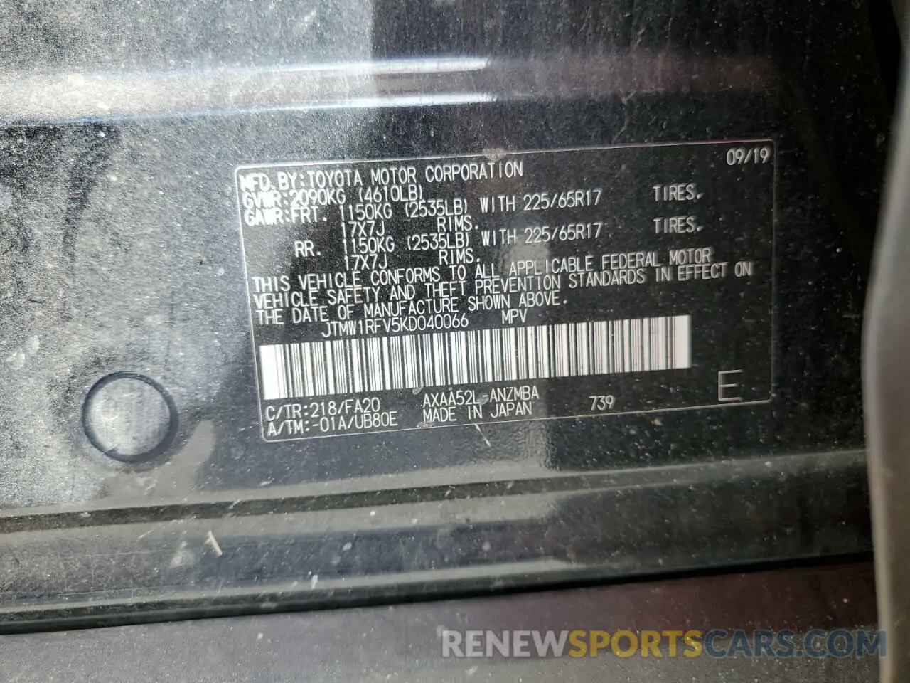 13 Photograph of a damaged car JTMW1RFV5KD040066 TOYOTA RAV4 2019