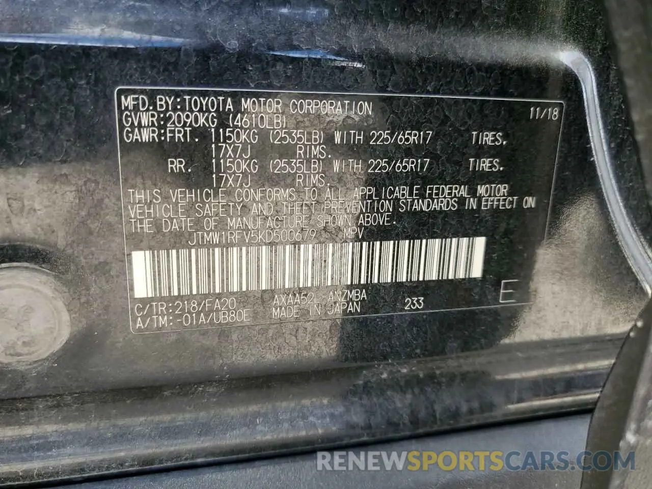 13 Photograph of a damaged car JTMW1RFV5KD500679 TOYOTA RAV4 2019
