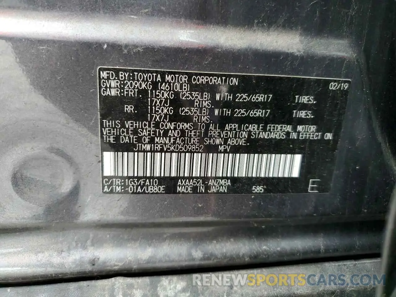 13 Photograph of a damaged car JTMW1RFV5KD509852 TOYOTA RAV4 2019