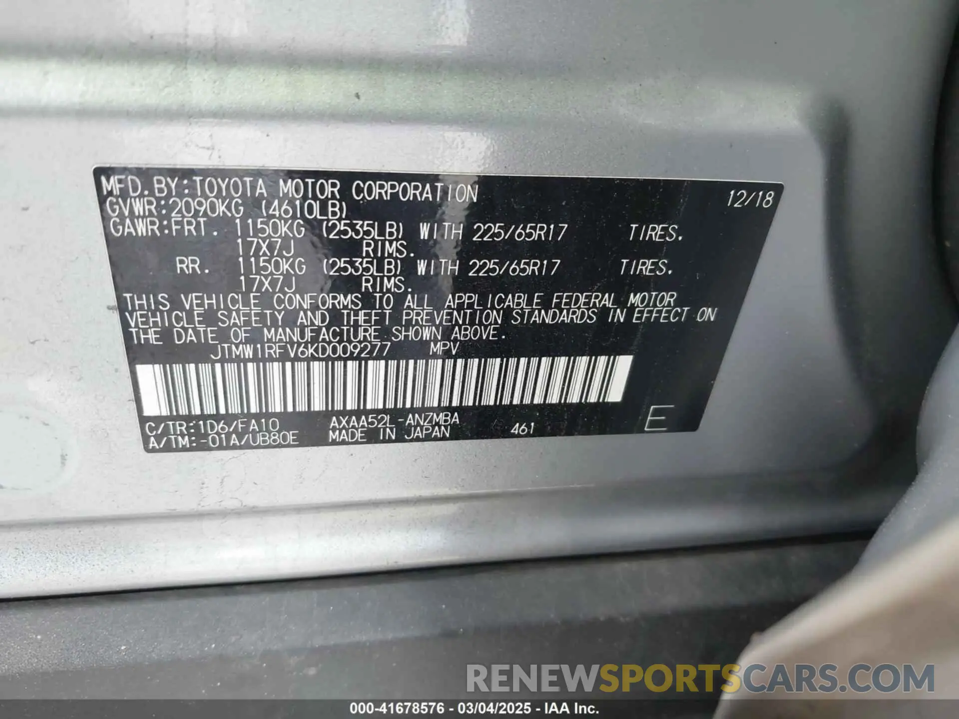 9 Photograph of a damaged car JTMW1RFV6KD009277 TOYOTA RAV4 2019