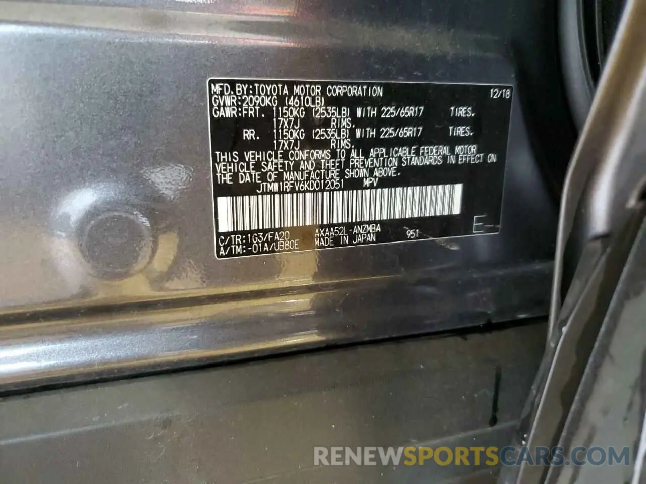 13 Photograph of a damaged car JTMW1RFV6KD012051 TOYOTA RAV4 2019