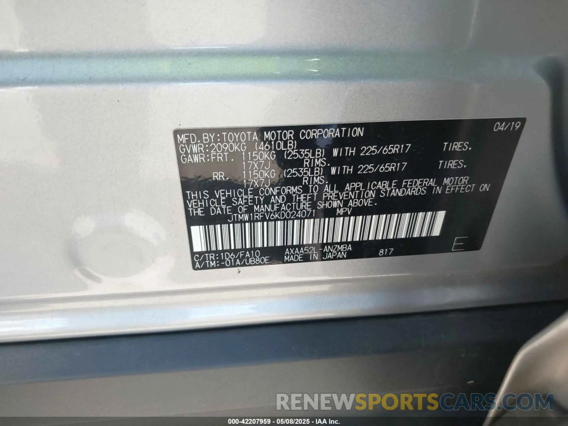 9 Photograph of a damaged car JTMW1RFV6KD024071 TOYOTA RAV4 2019