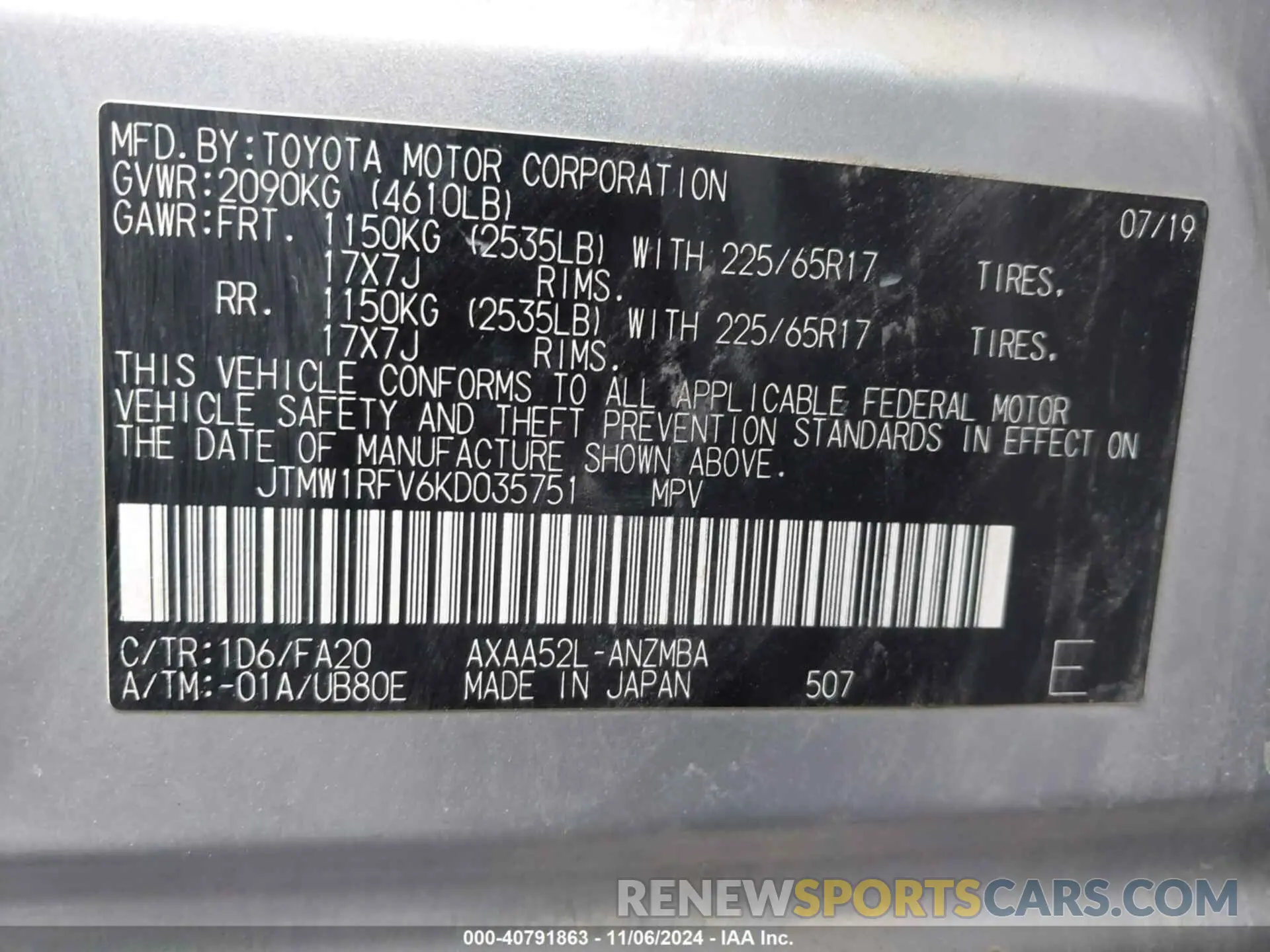 9 Photograph of a damaged car JTMW1RFV6KD035751 TOYOTA RAV4 2019