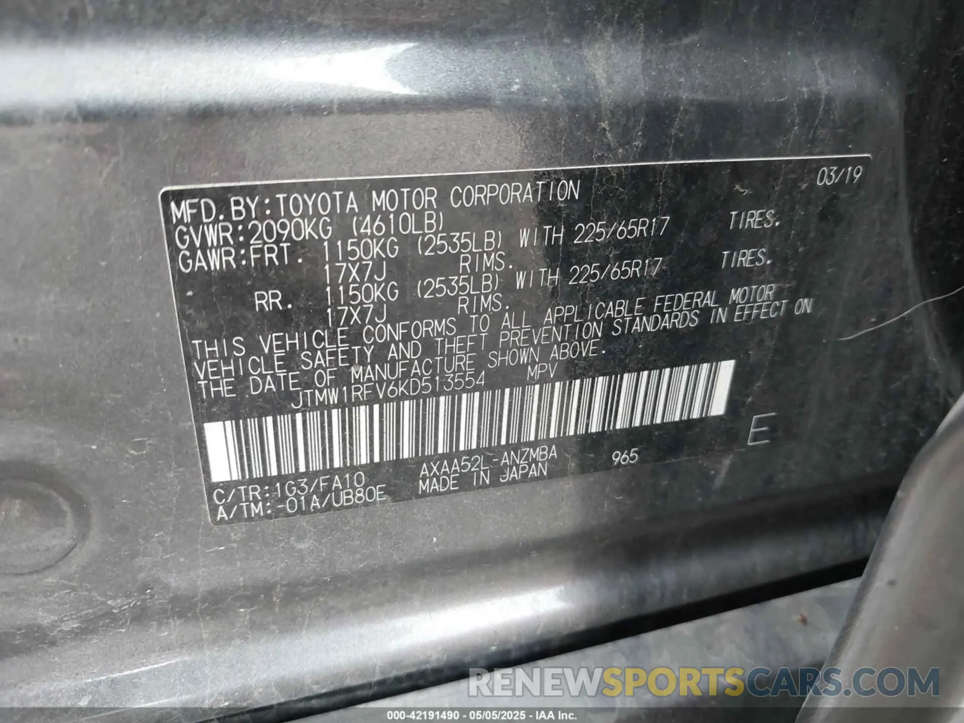 9 Photograph of a damaged car JTMW1RFV6KD513554 TOYOTA RAV4 2019