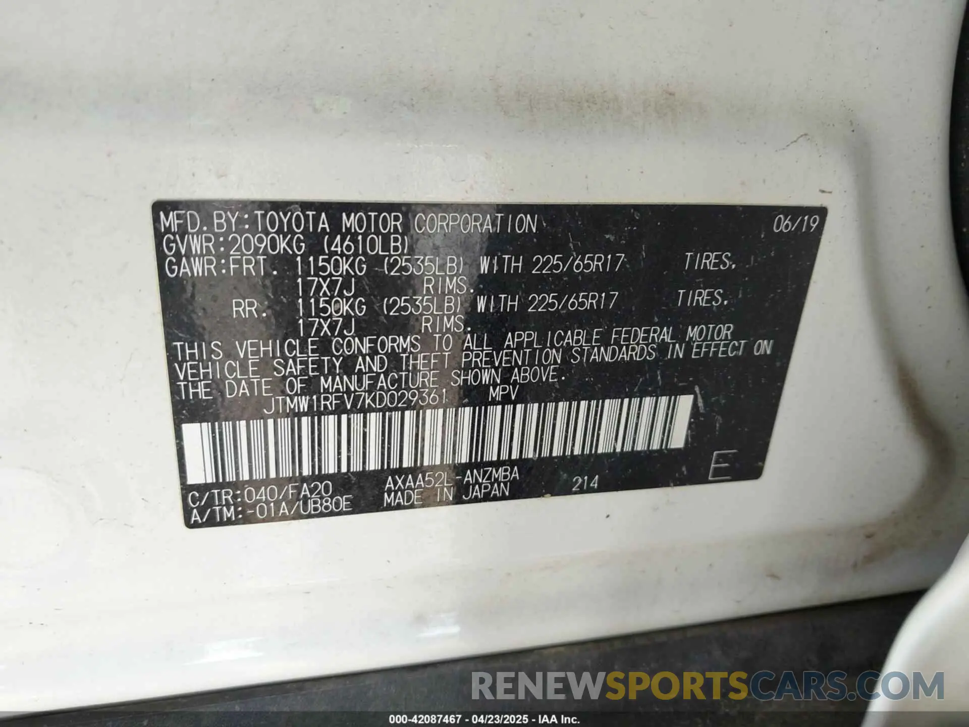 9 Photograph of a damaged car JTMW1RFV7KD029361 TOYOTA RAV4 2019