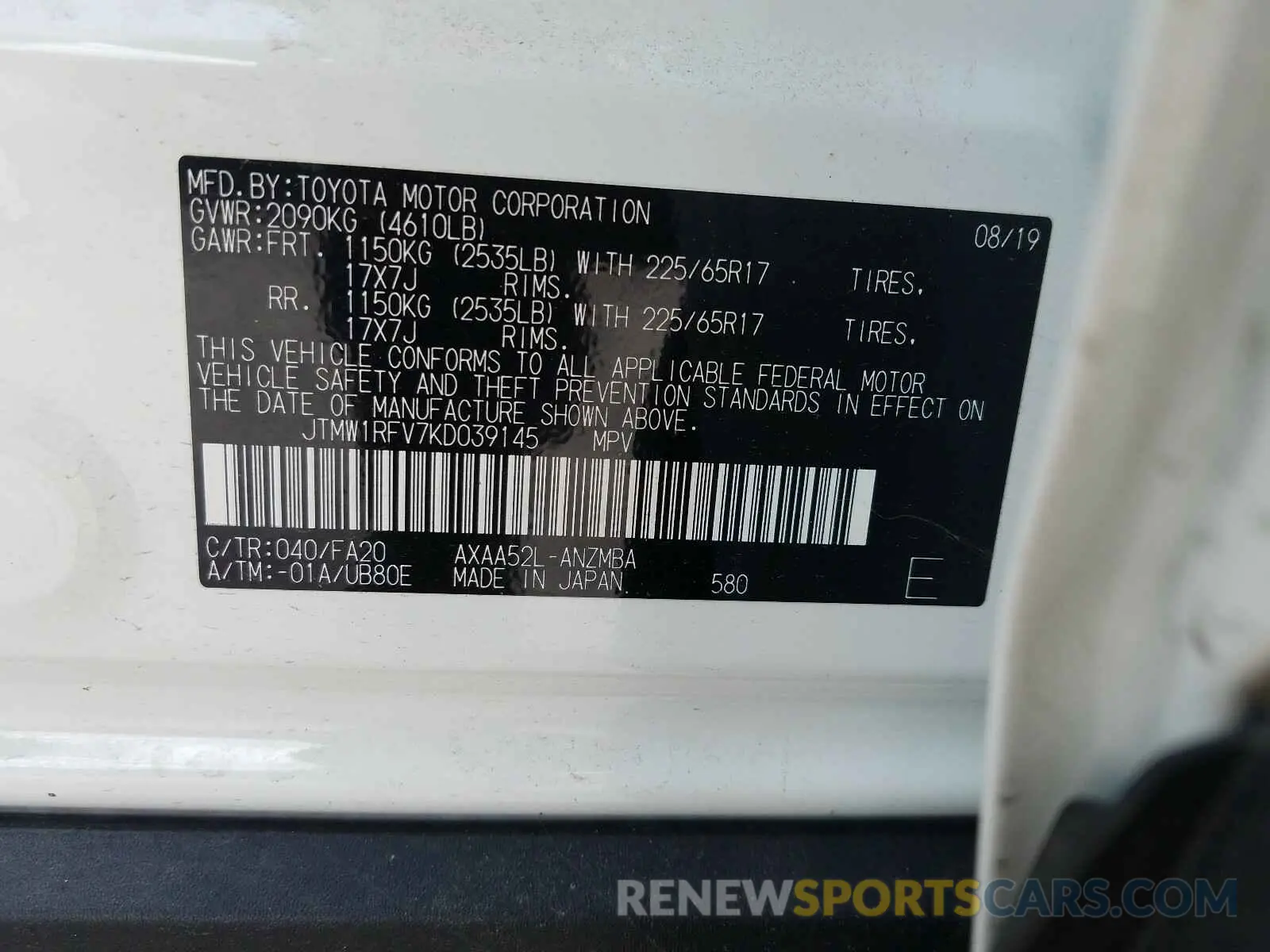 10 Photograph of a damaged car JTMW1RFV7KD039145 TOYOTA RAV4 2019