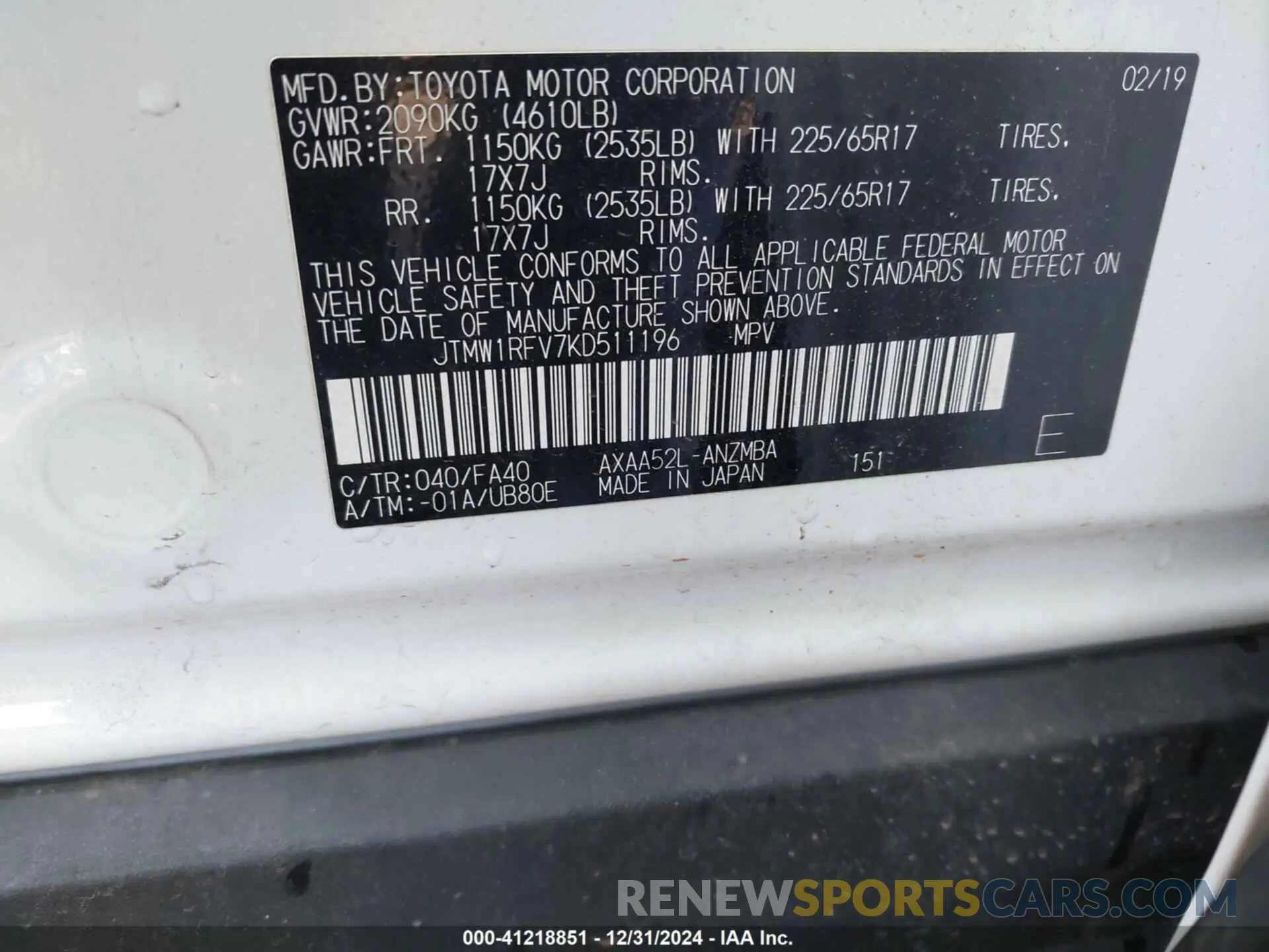 9 Photograph of a damaged car JTMW1RFV7KD511196 TOYOTA RAV4 2019