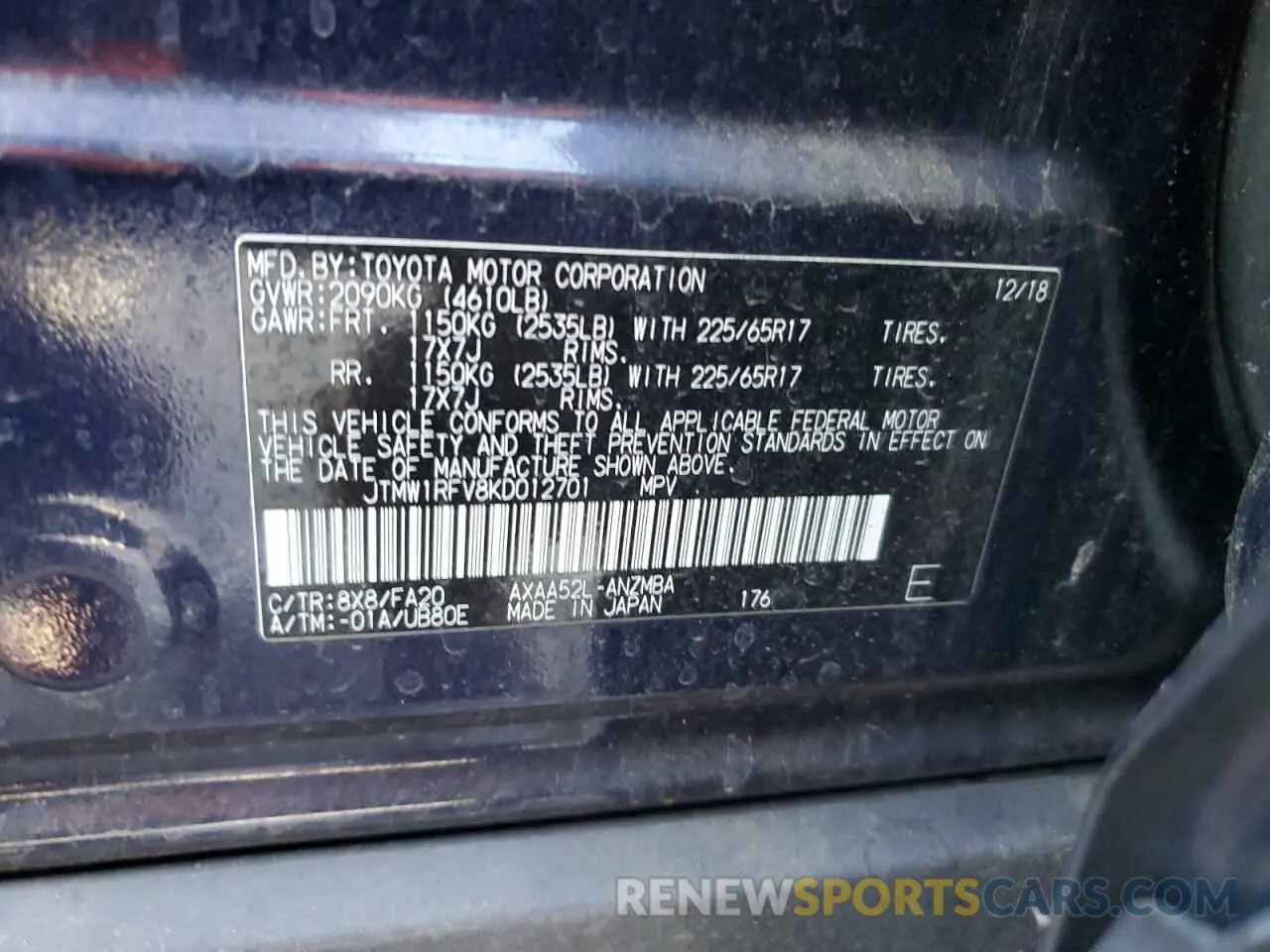 12 Photograph of a damaged car JTMW1RFV8KD012701 TOYOTA RAV4 2019