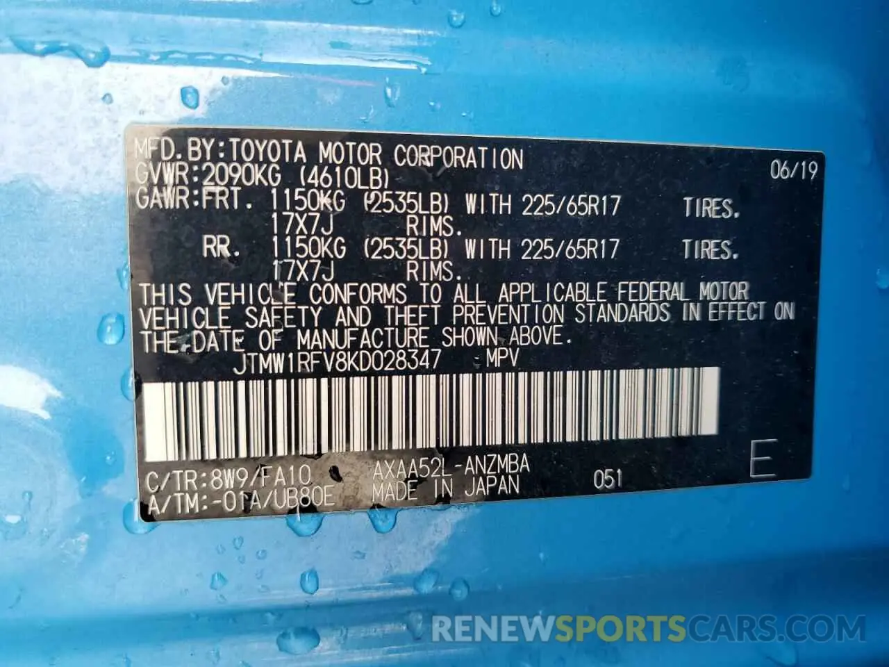 14 Photograph of a damaged car JTMW1RFV8KD028347 TOYOTA RAV4 2019