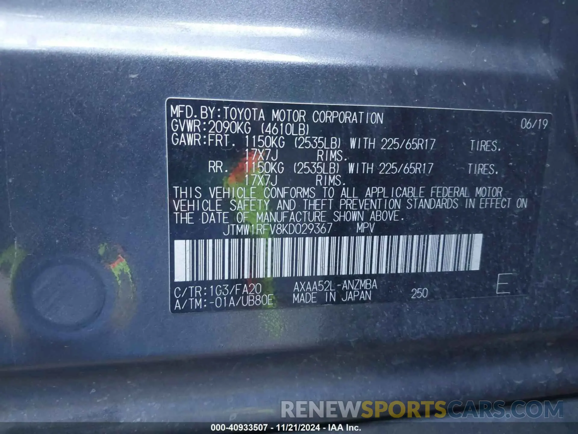 9 Photograph of a damaged car JTMW1RFV8KD029367 TOYOTA RAV4 2019