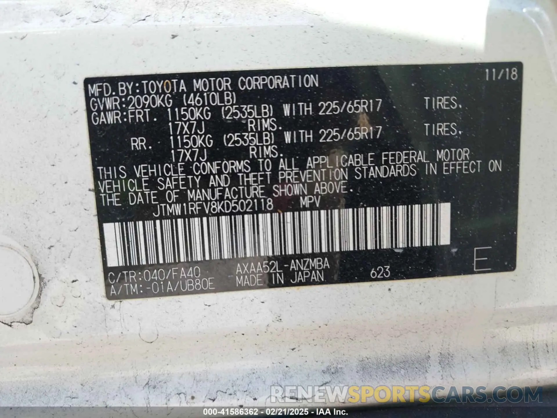 9 Photograph of a damaged car JTMW1RFV8KD502118 TOYOTA RAV4 2019