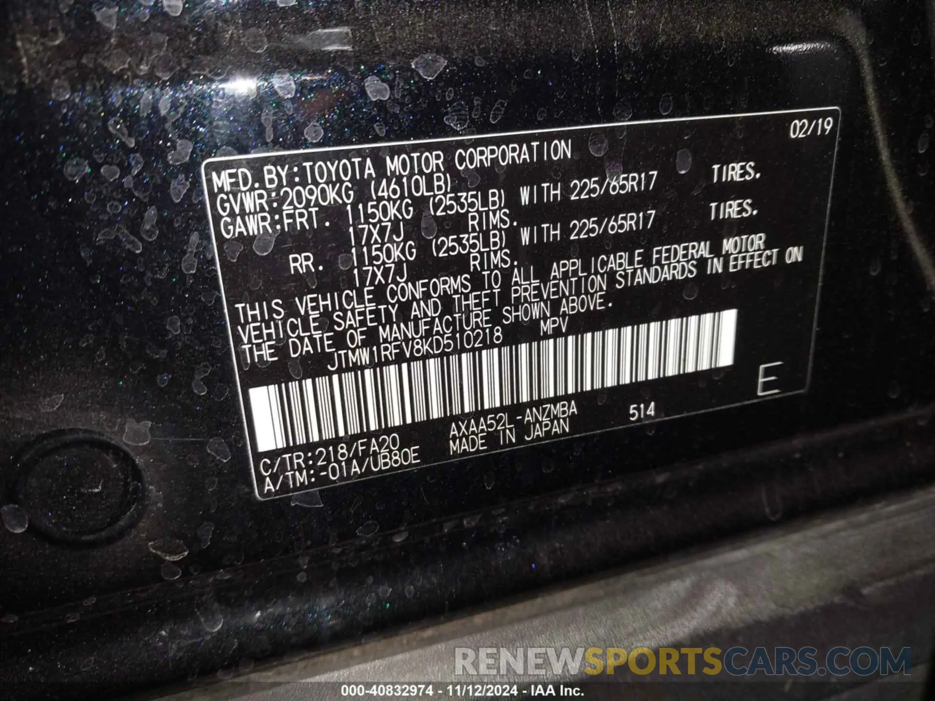 9 Photograph of a damaged car JTMW1RFV8KD510218 TOYOTA RAV4 2019