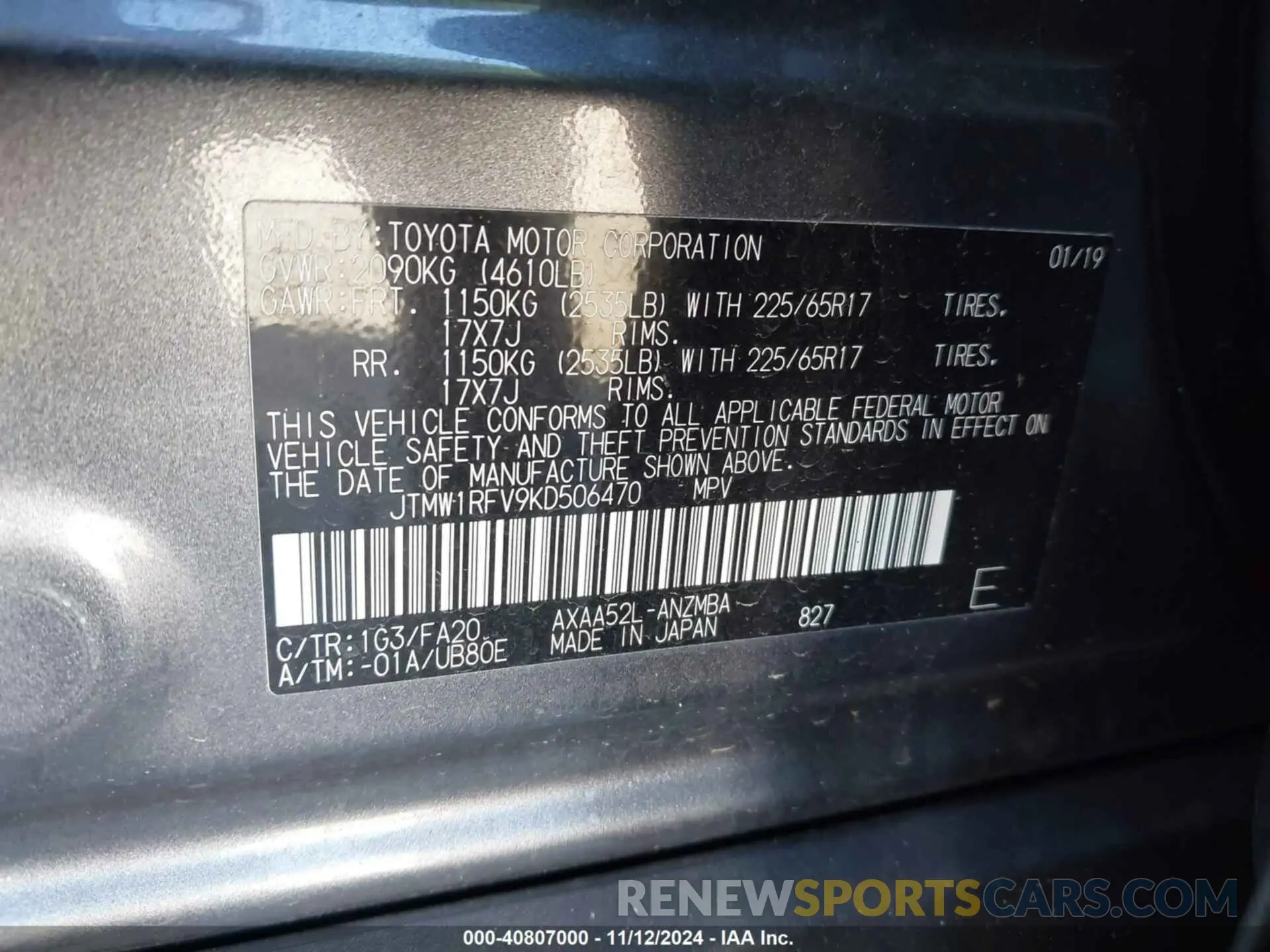 9 Photograph of a damaged car JTMW1RFV9KD506470 TOYOTA RAV4 2019