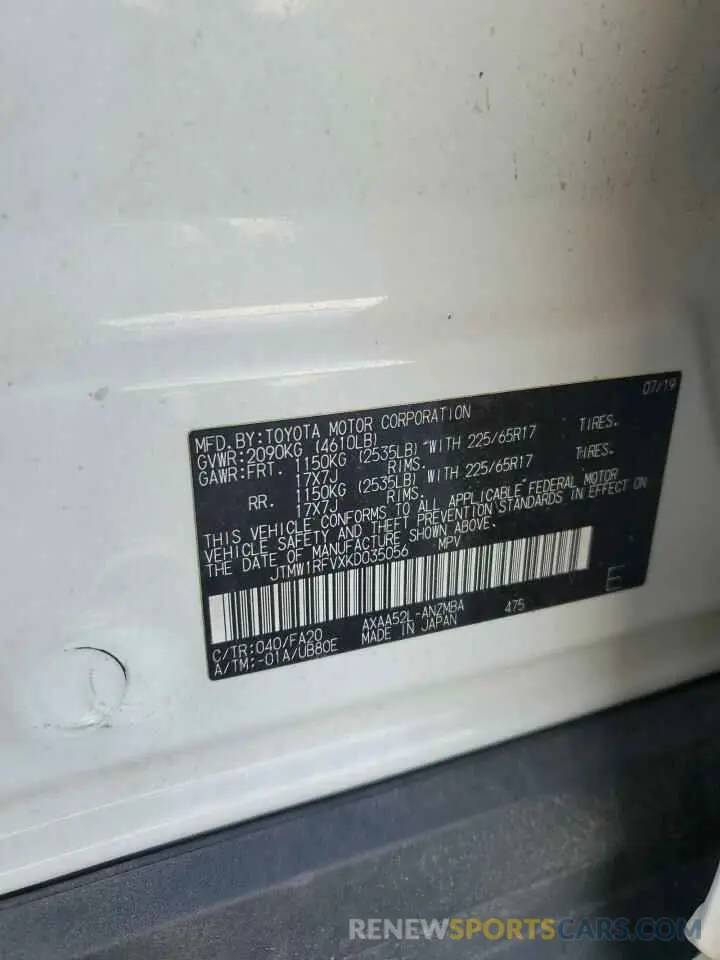13 Photograph of a damaged car JTMW1RFVXKD035056 TOYOTA RAV4 2019