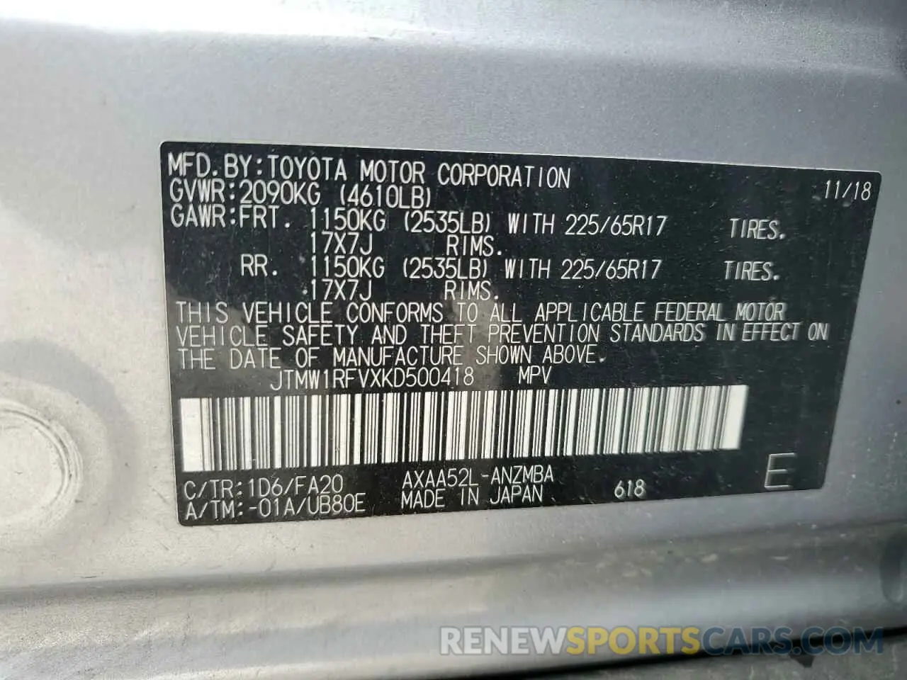 14 Photograph of a damaged car JTMW1RFVXKD500418 TOYOTA RAV4 2019
