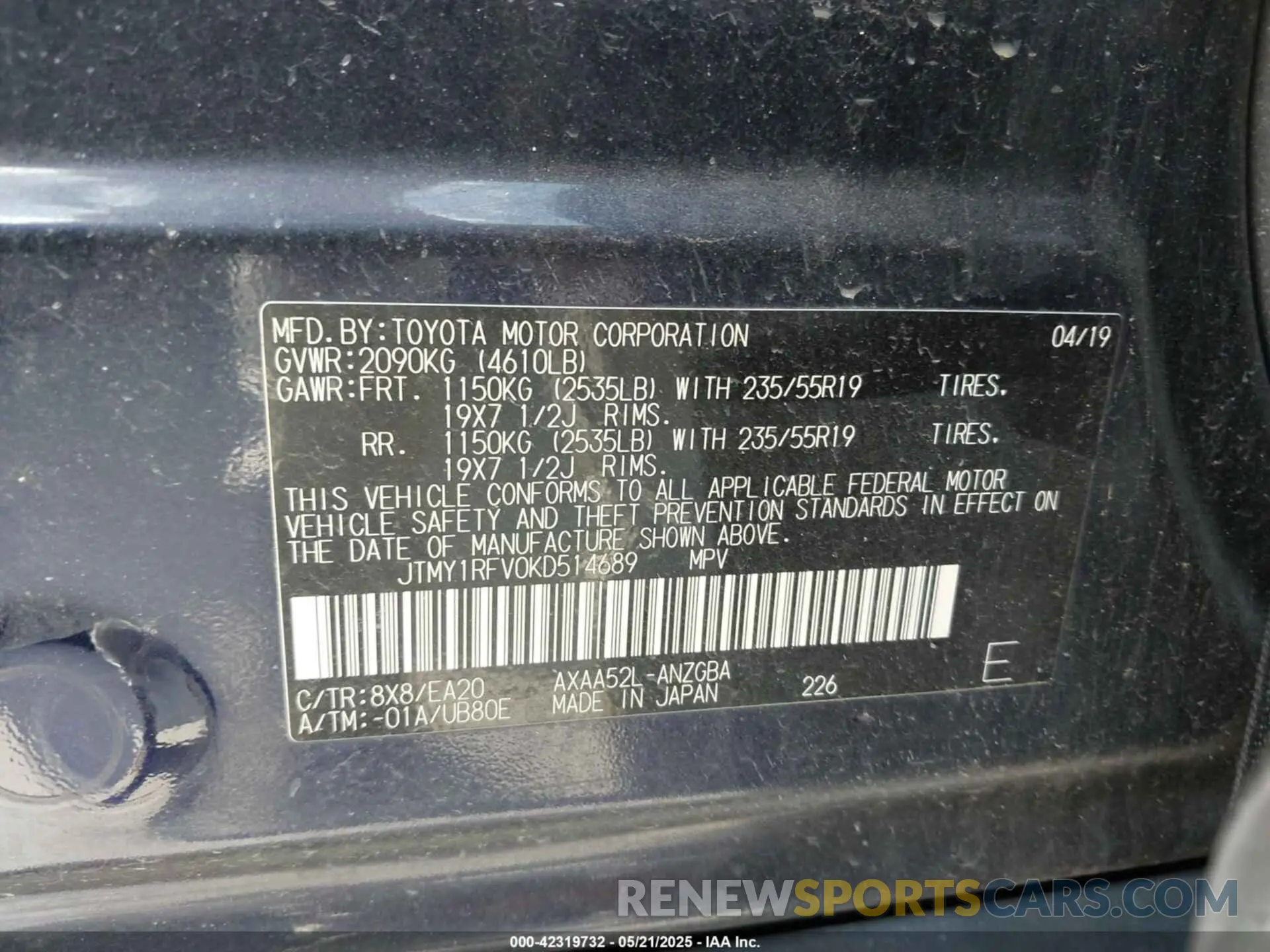 9 Photograph of a damaged car JTMY1RFV0KD514689 TOYOTA RAV4 2019