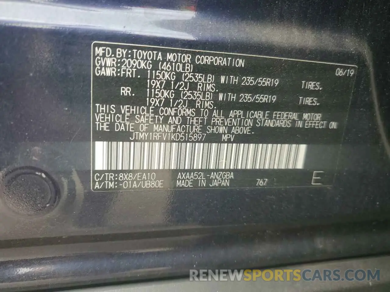 13 Photograph of a damaged car JTMY1RFV1KD515897 TOYOTA RAV4 2019
