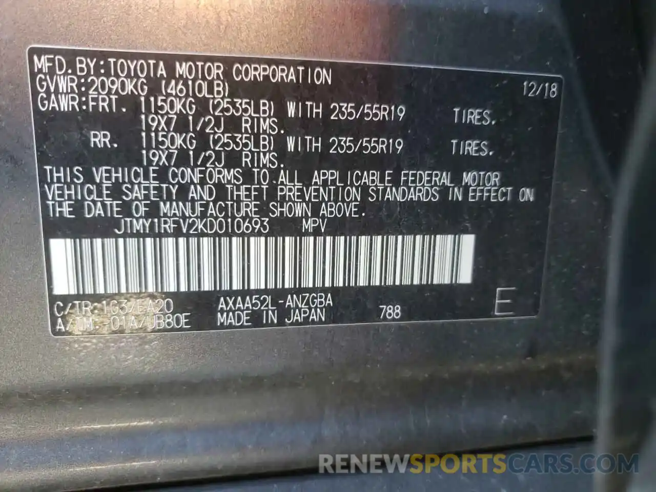 10 Photograph of a damaged car JTMY1RFV2KD010693 TOYOTA RAV4 2019