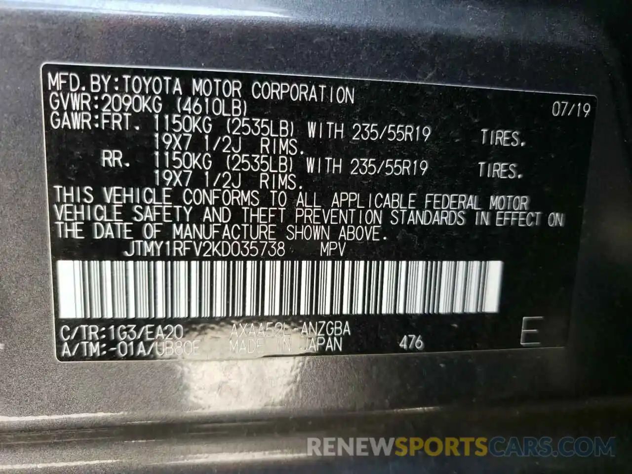 10 Photograph of a damaged car JTMY1RFV2KD035738 TOYOTA RAV4 2019