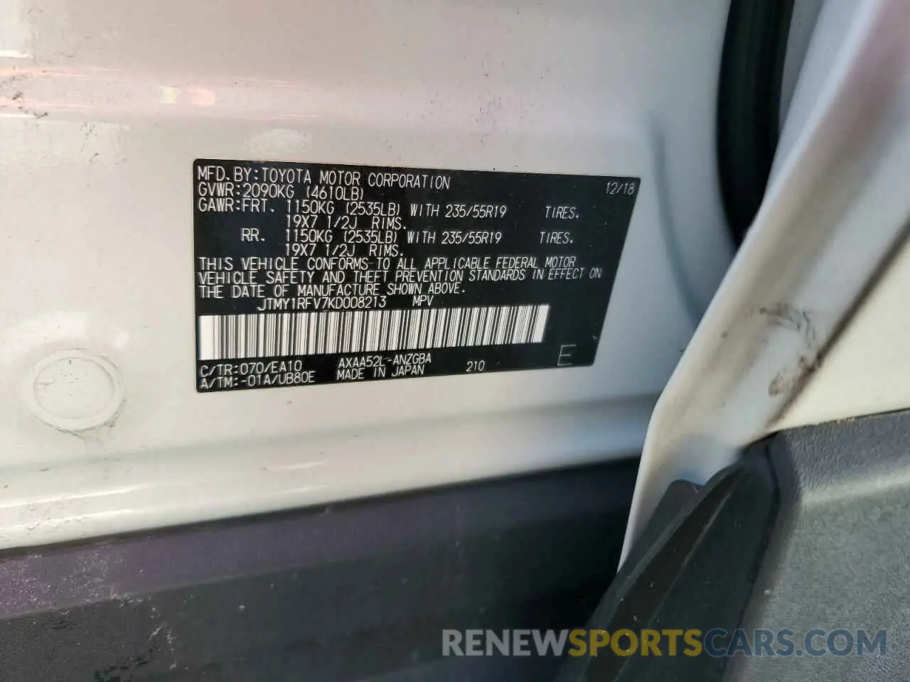 13 Photograph of a damaged car JTMY1RFV7KD008213 TOYOTA RAV4 2019