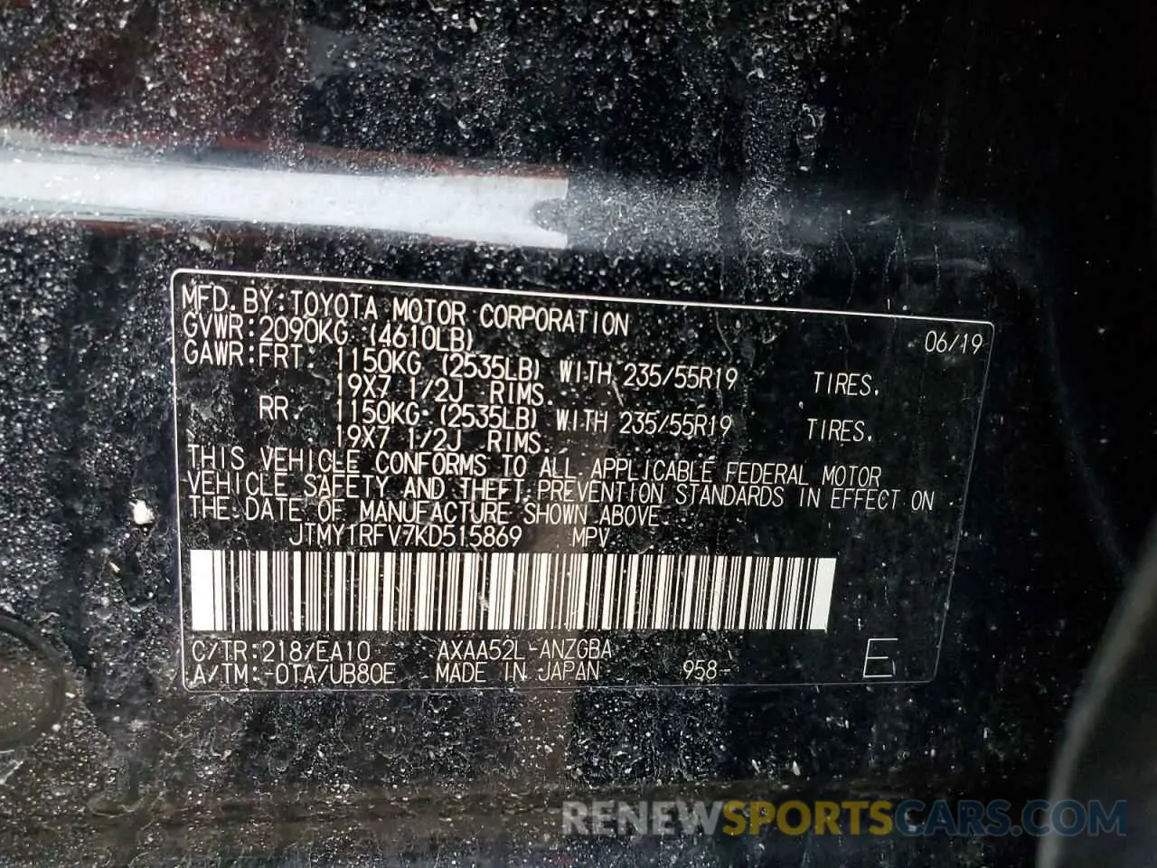13 Photograph of a damaged car JTMY1RFV7KD515869 TOYOTA RAV4 2019