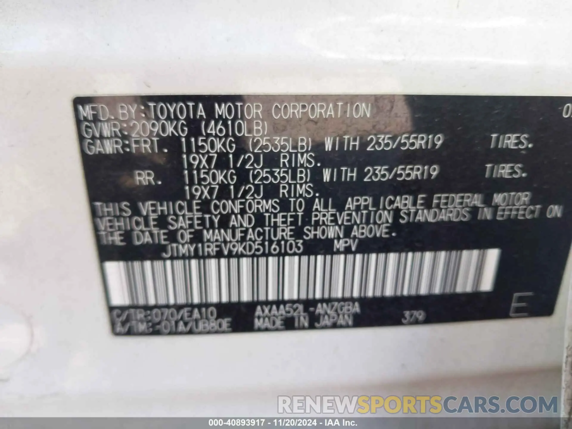 9 Photograph of a damaged car JTMY1RFV9KD516103 TOYOTA RAV4 2019