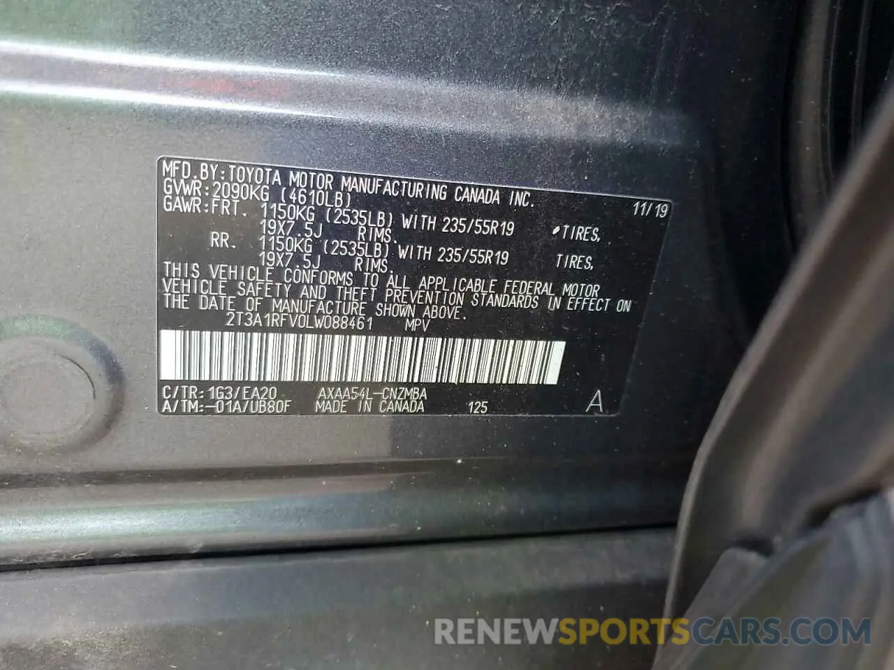 12 Photograph of a damaged car 2T3A1RFV0LW088461 TOYOTA RAV4 2020
