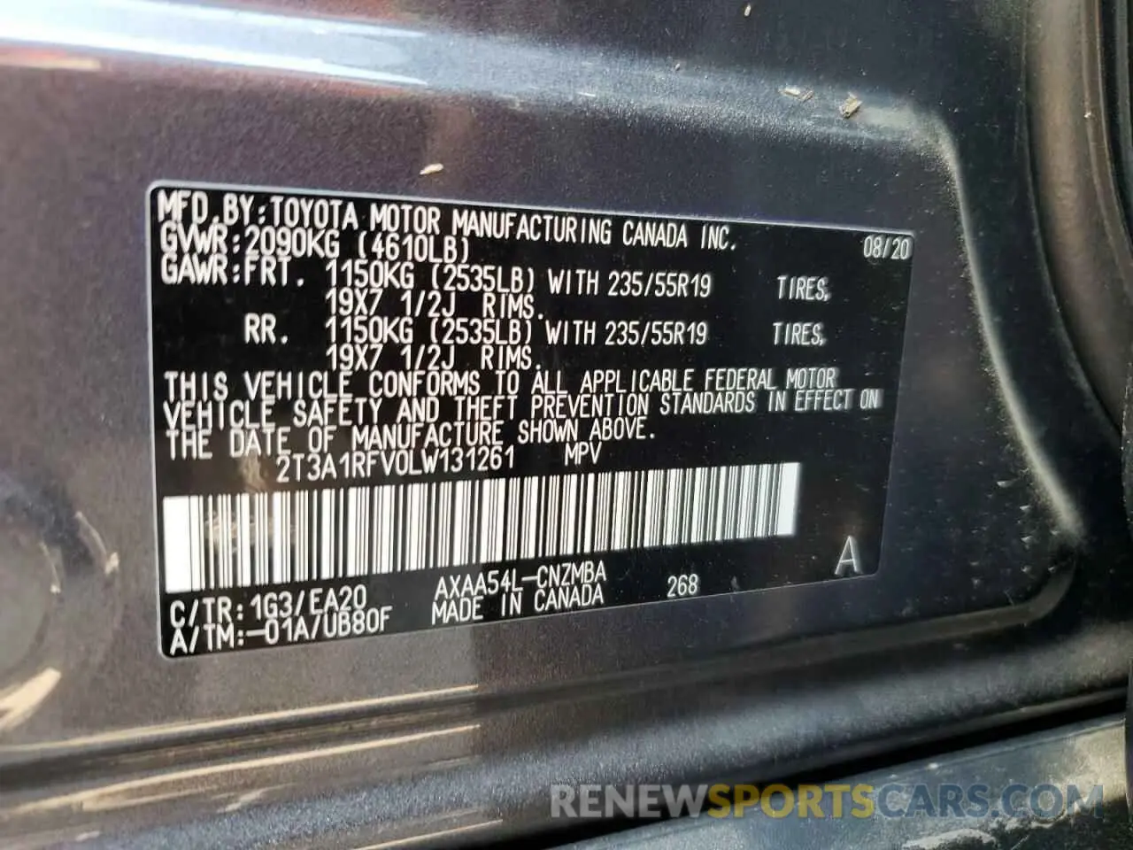13 Photograph of a damaged car 2T3A1RFV0LW131261 TOYOTA RAV4 2020