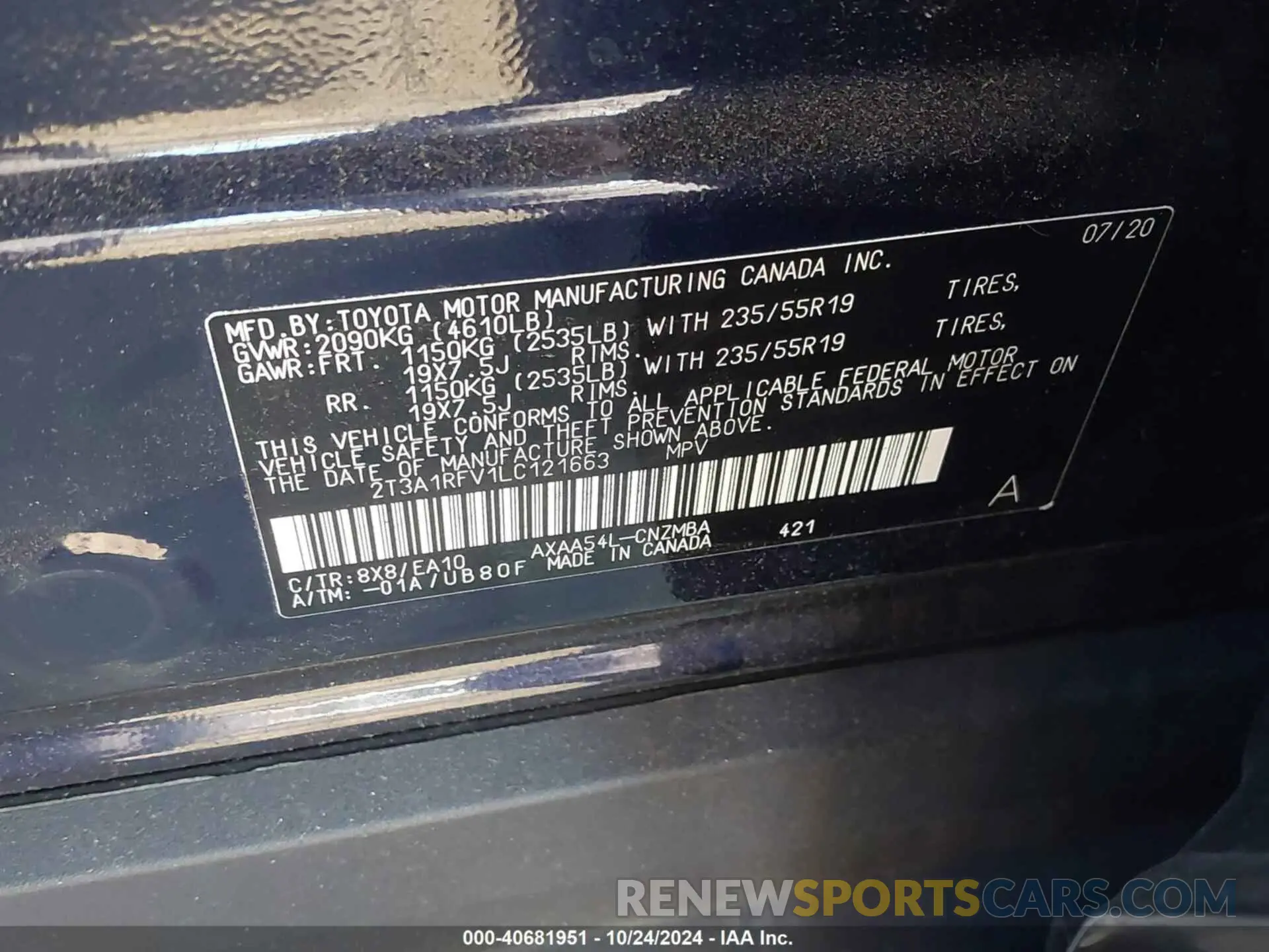 9 Photograph of a damaged car 2T3A1RFV1LC121663 TOYOTA RAV4 2020