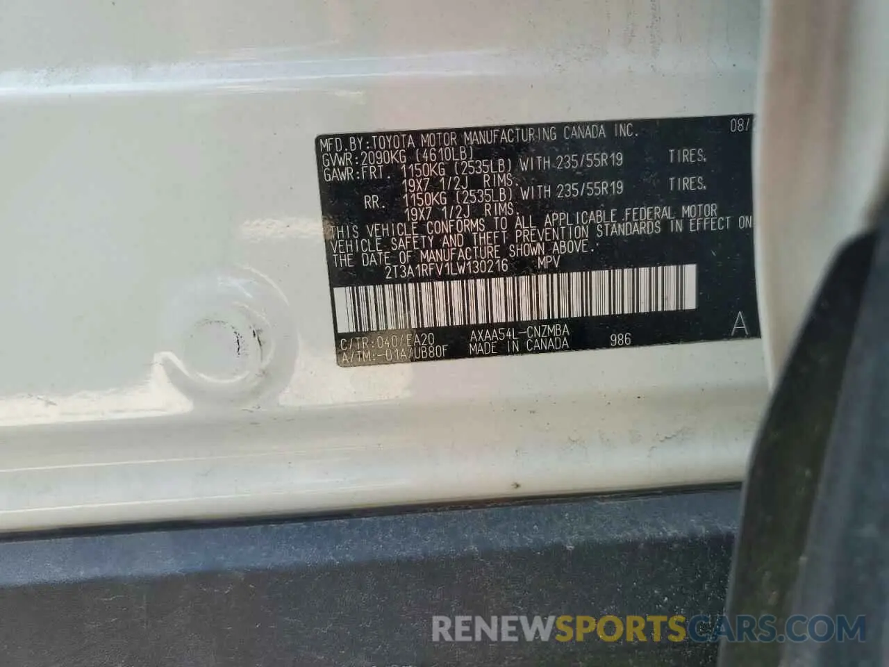 12 Photograph of a damaged car 2T3A1RFV1LW130216 TOYOTA RAV4 2020