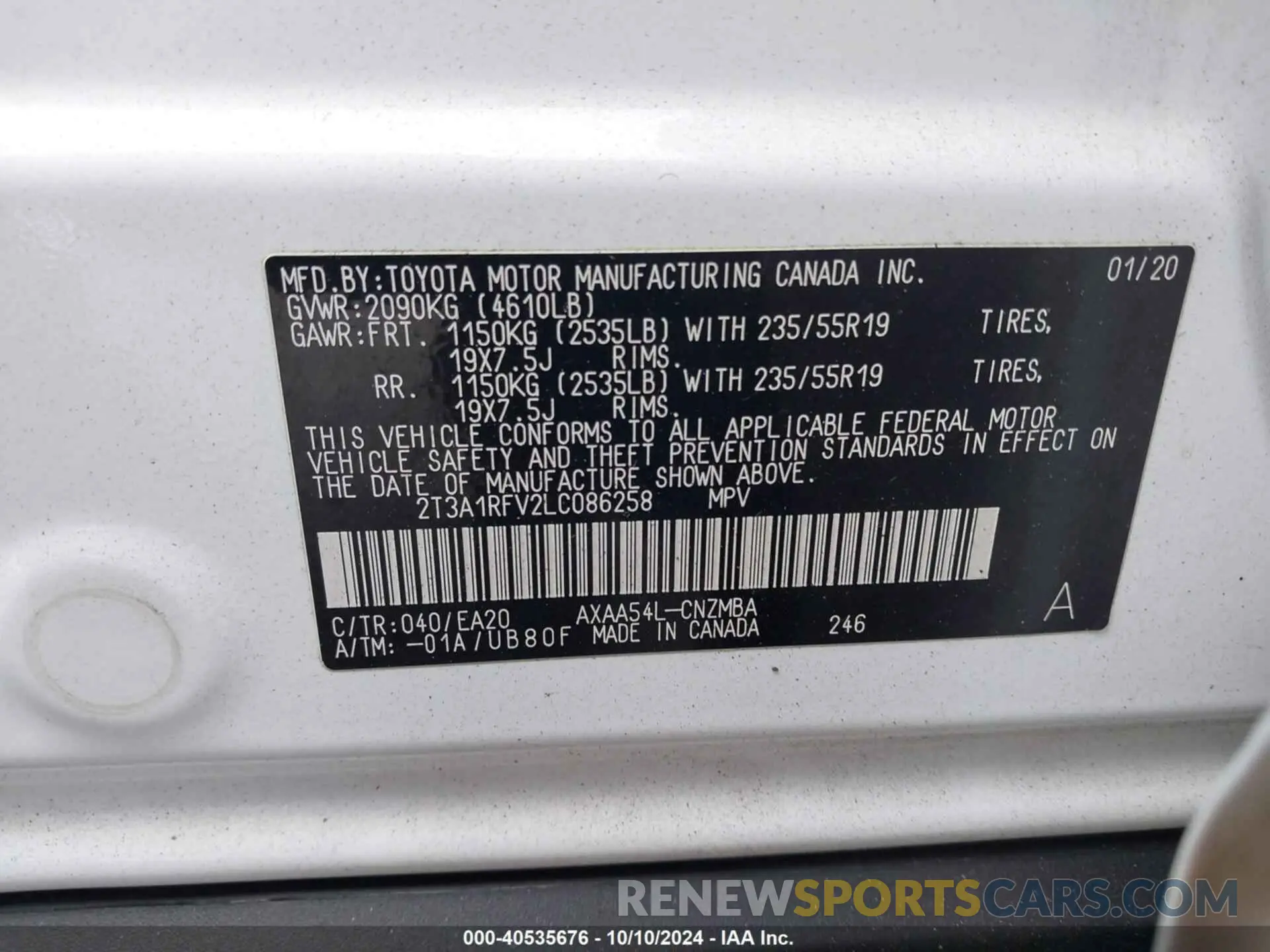 9 Photograph of a damaged car 2T3A1RFV2LC086258 TOYOTA RAV4 2020