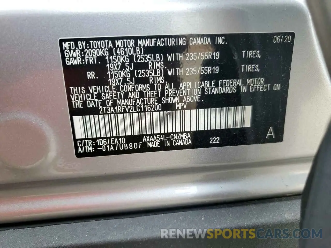 13 Photograph of a damaged car 2T3A1RFV2LC116200 TOYOTA RAV4 2020