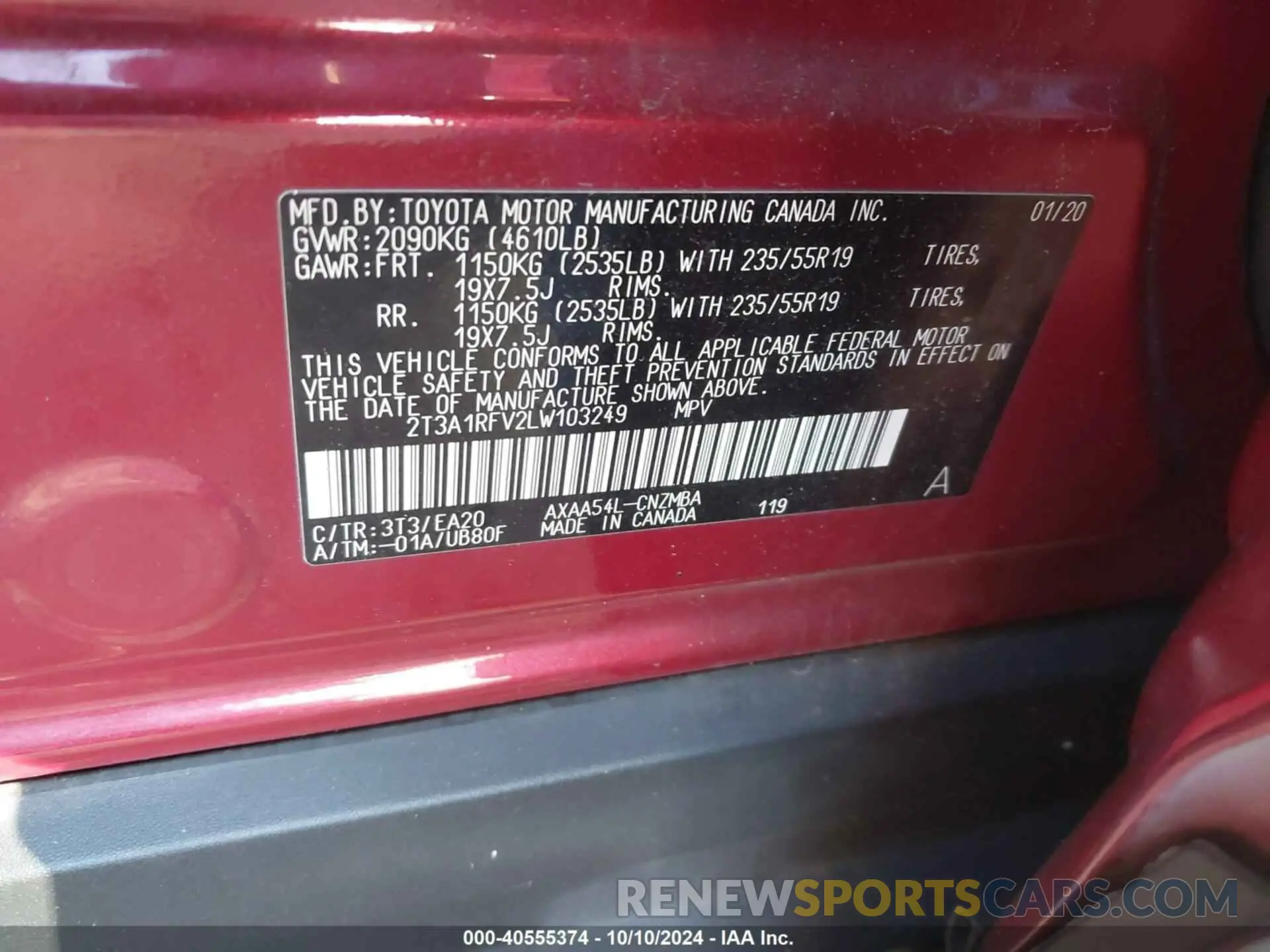 9 Photograph of a damaged car 2T3A1RFV2LW103249 TOYOTA RAV4 2020