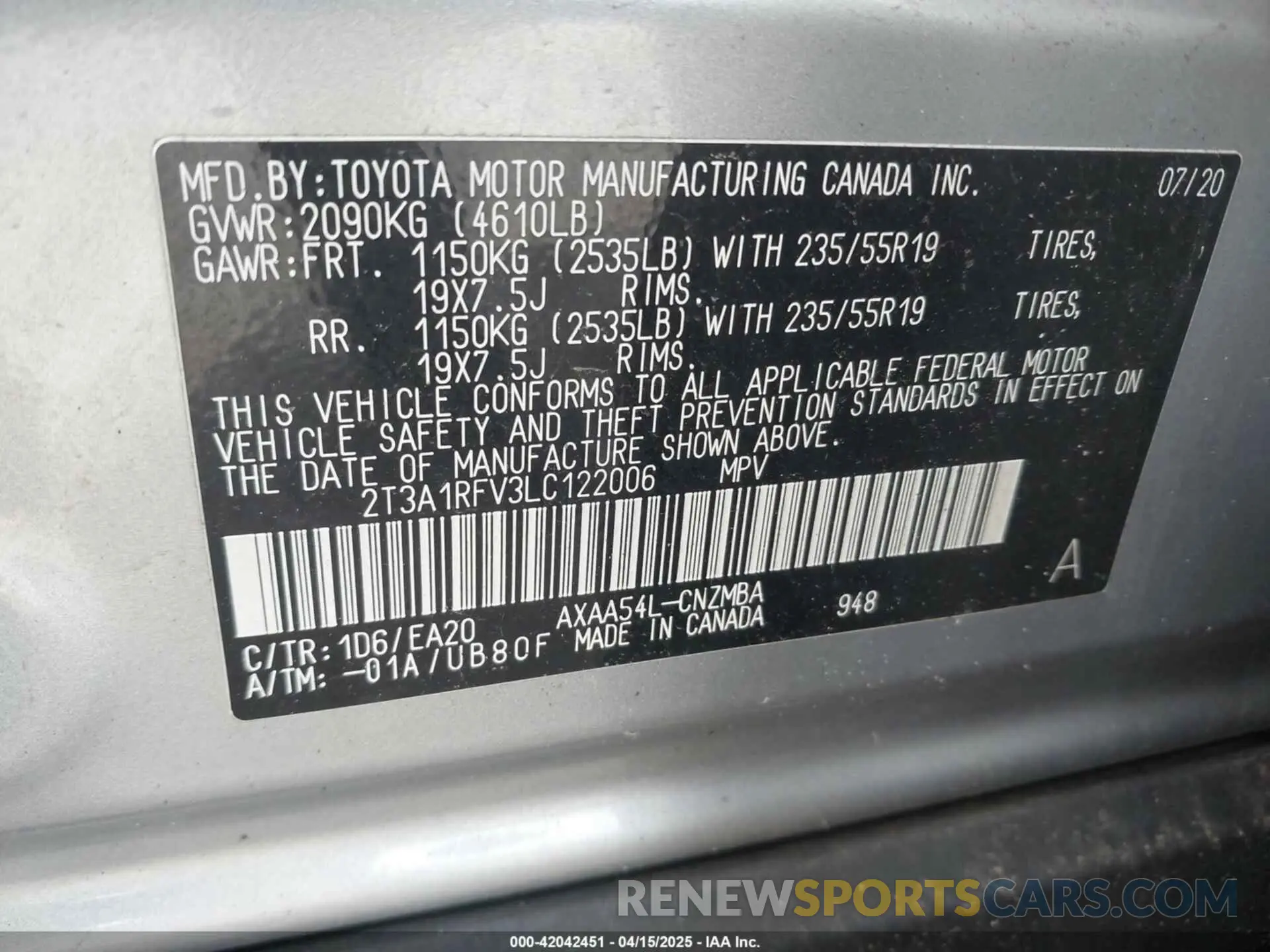 9 Photograph of a damaged car 2T3A1RFV3LC122006 TOYOTA RAV4 2020