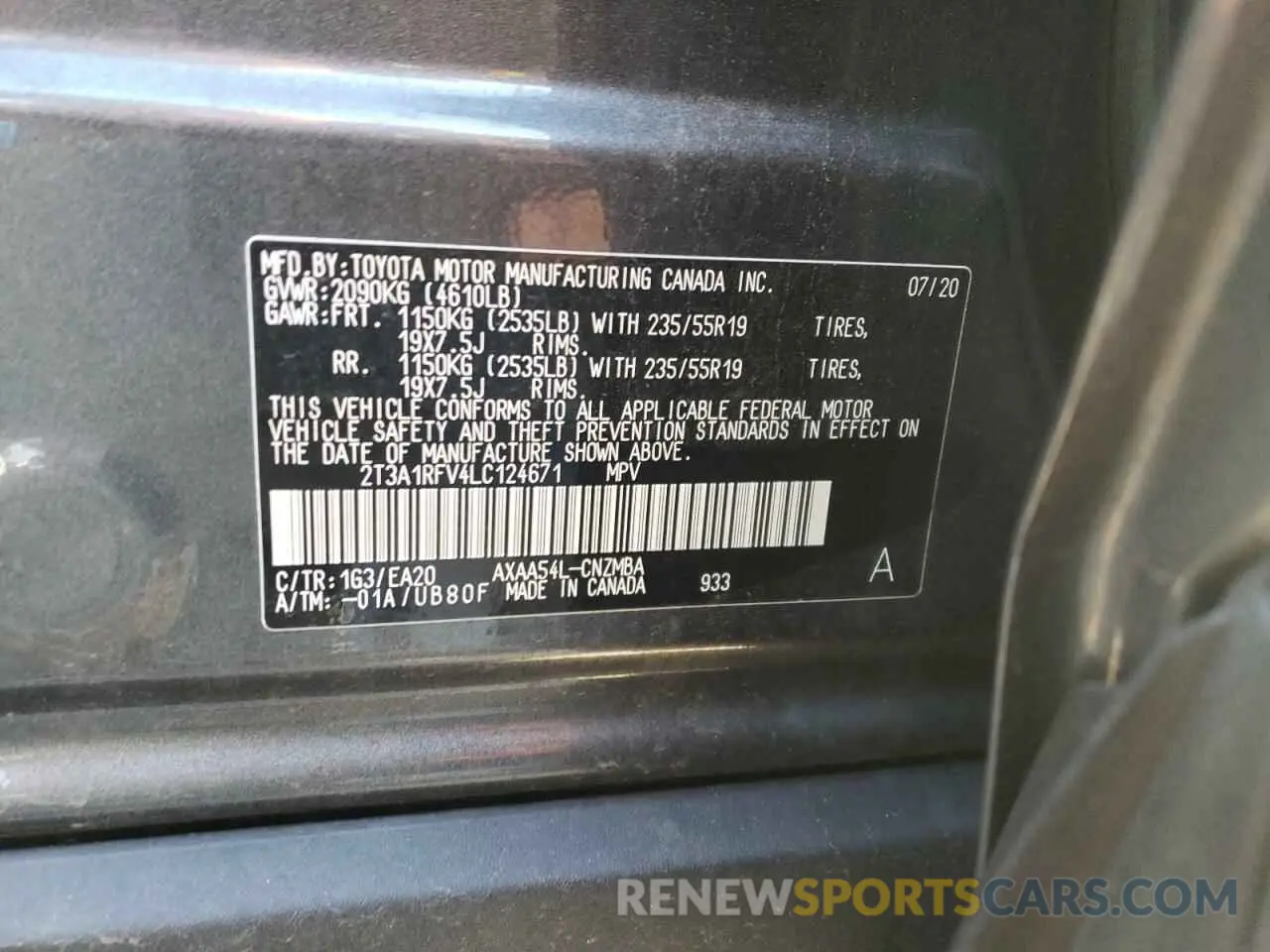 14 Photograph of a damaged car 2T3A1RFV4LC124671 TOYOTA RAV4 2020