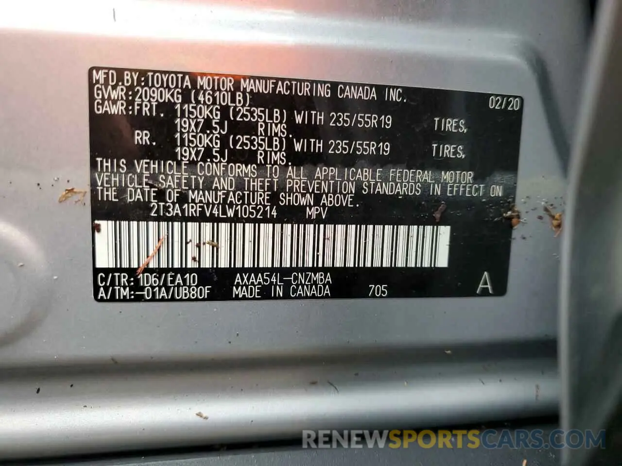 14 Photograph of a damaged car 2T3A1RFV4LW105214 TOYOTA RAV4 2020
