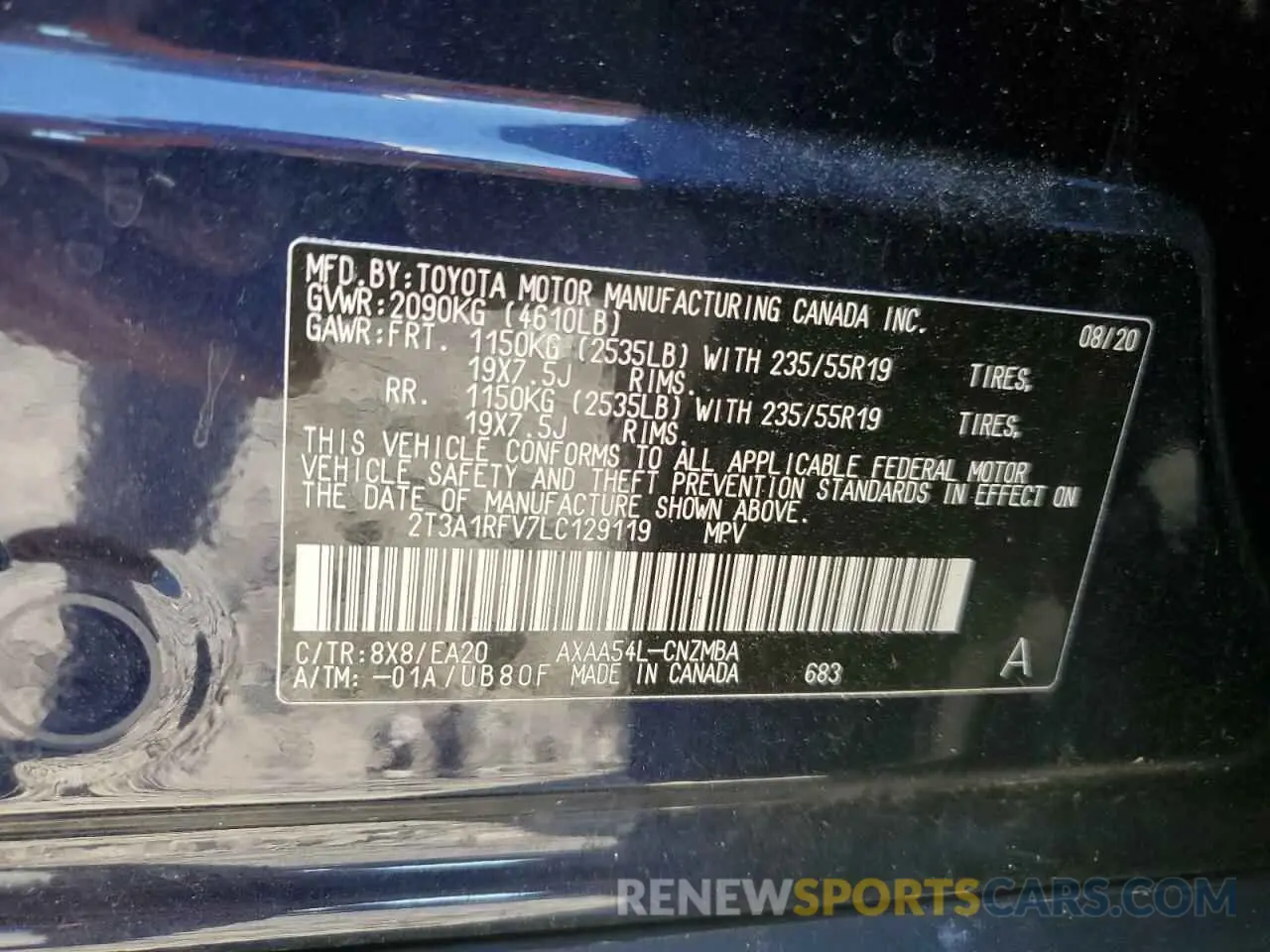 14 Photograph of a damaged car 2T3A1RFV7LC129119 TOYOTA RAV4 2020