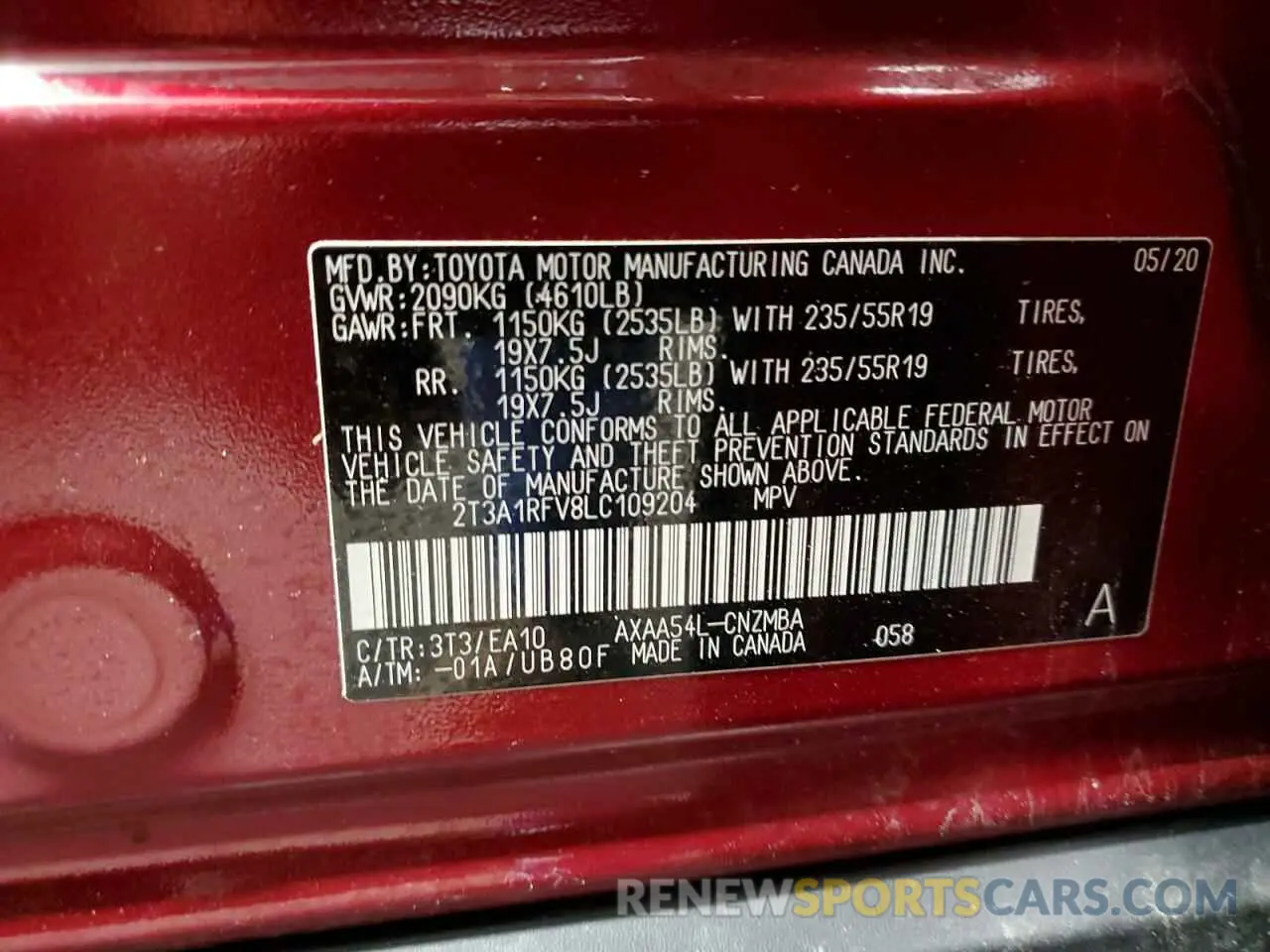 13 Photograph of a damaged car 2T3A1RFV8LC109204 TOYOTA RAV4 2020