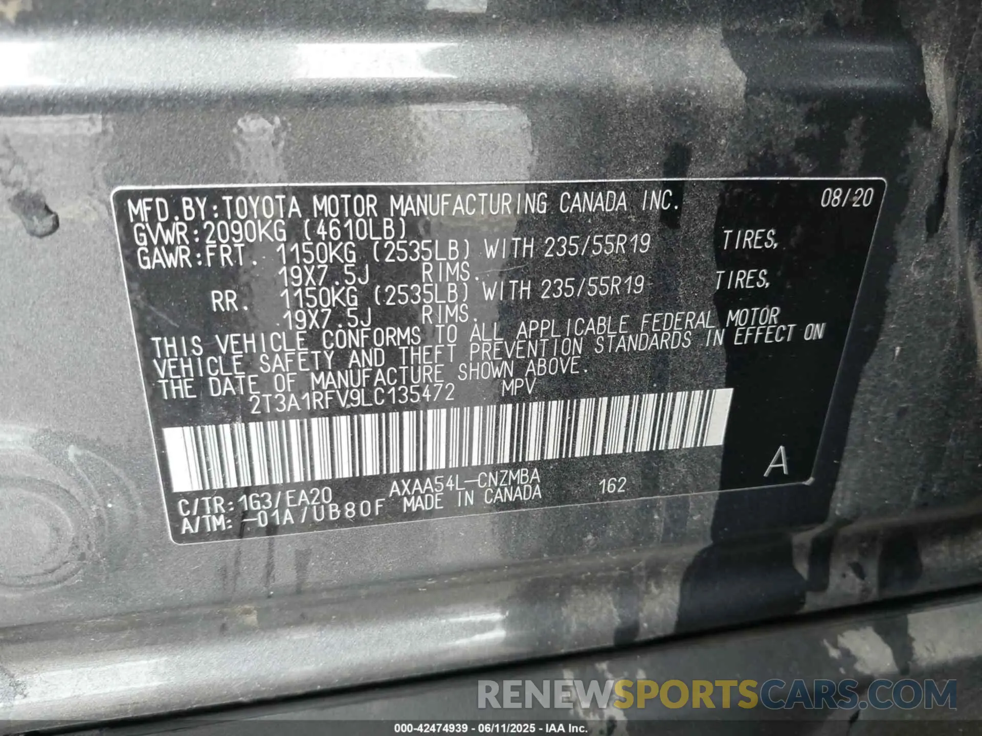 9 Photograph of a damaged car 2T3A1RFV9LC135472 TOYOTA RAV4 2020