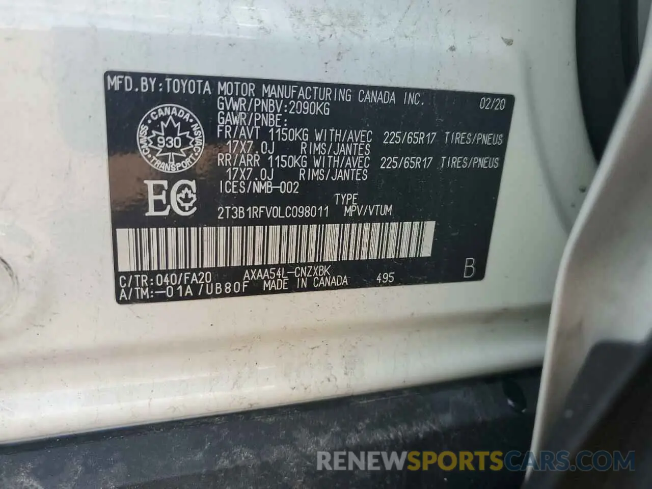 13 Photograph of a damaged car 2T3B1RFV0LC098011 TOYOTA RAV4 2020