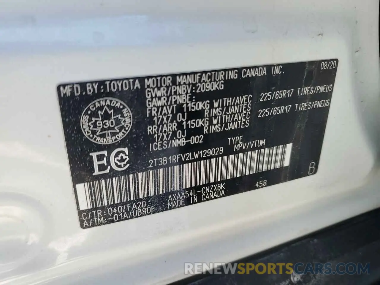 13 Photograph of a damaged car 2T3B1RFV2LW129029 TOYOTA RAV4 2020