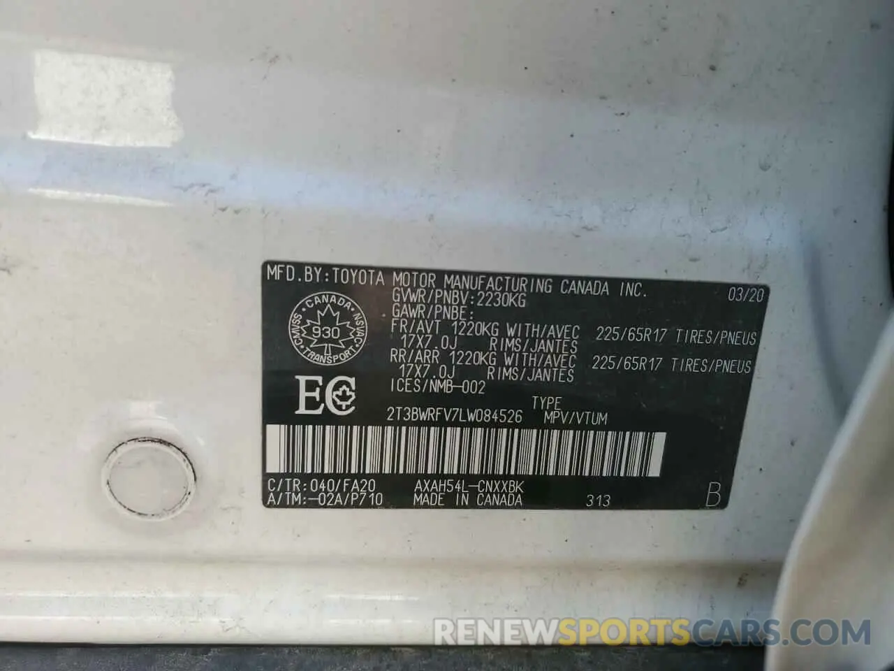 13 Photograph of a damaged car 2T3BWRFV7LW084526 TOYOTA RAV4 2020