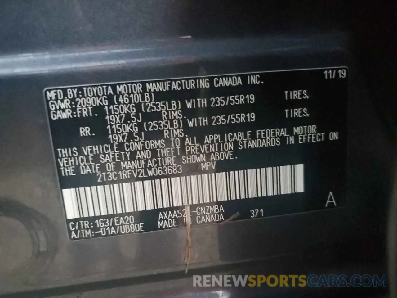 13 Photograph of a damaged car 2T3C1RFV2LW063683 TOYOTA RAV4 2020