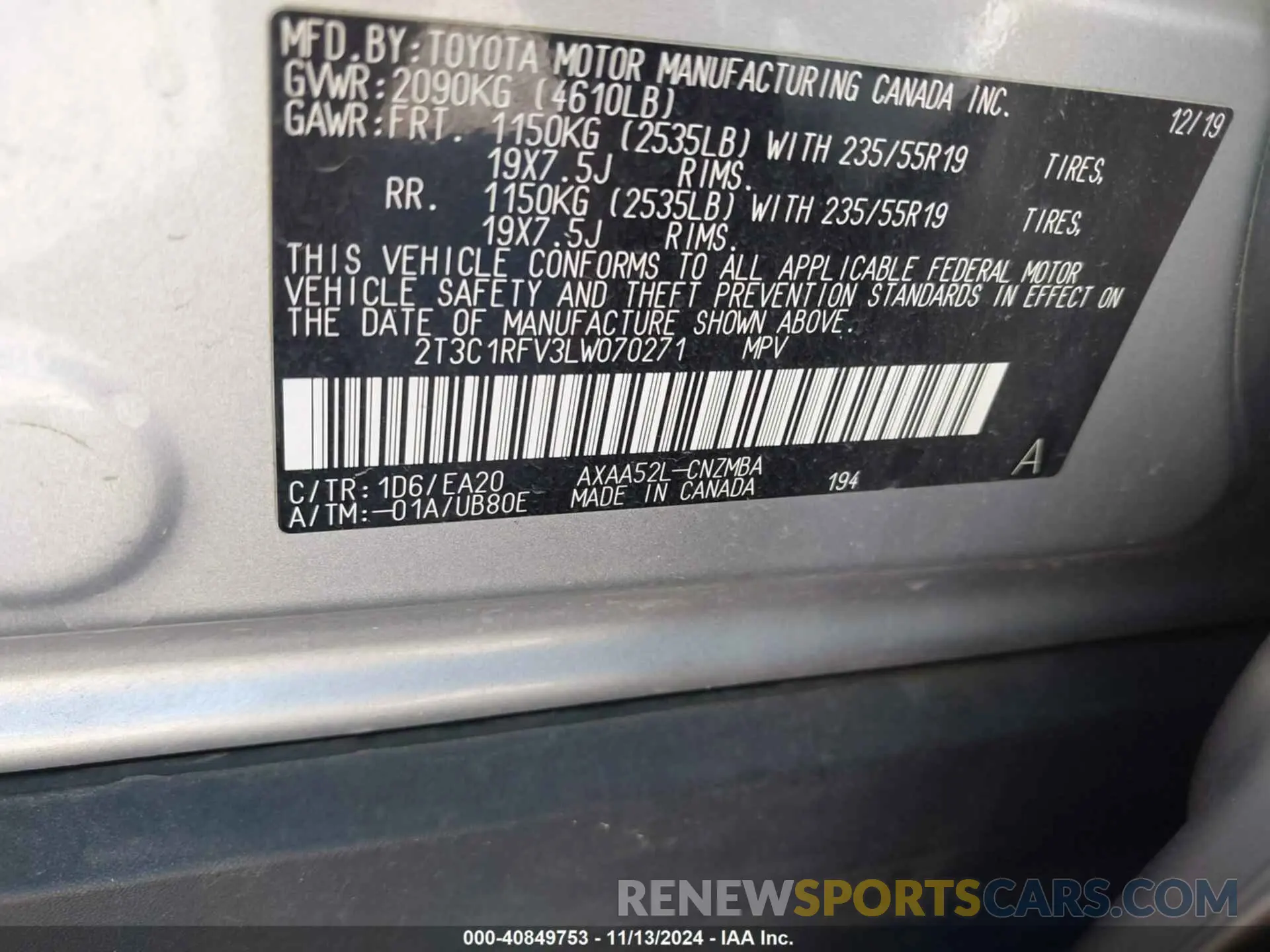 9 Photograph of a damaged car 2T3C1RFV3LW070271 TOYOTA RAV4 2020