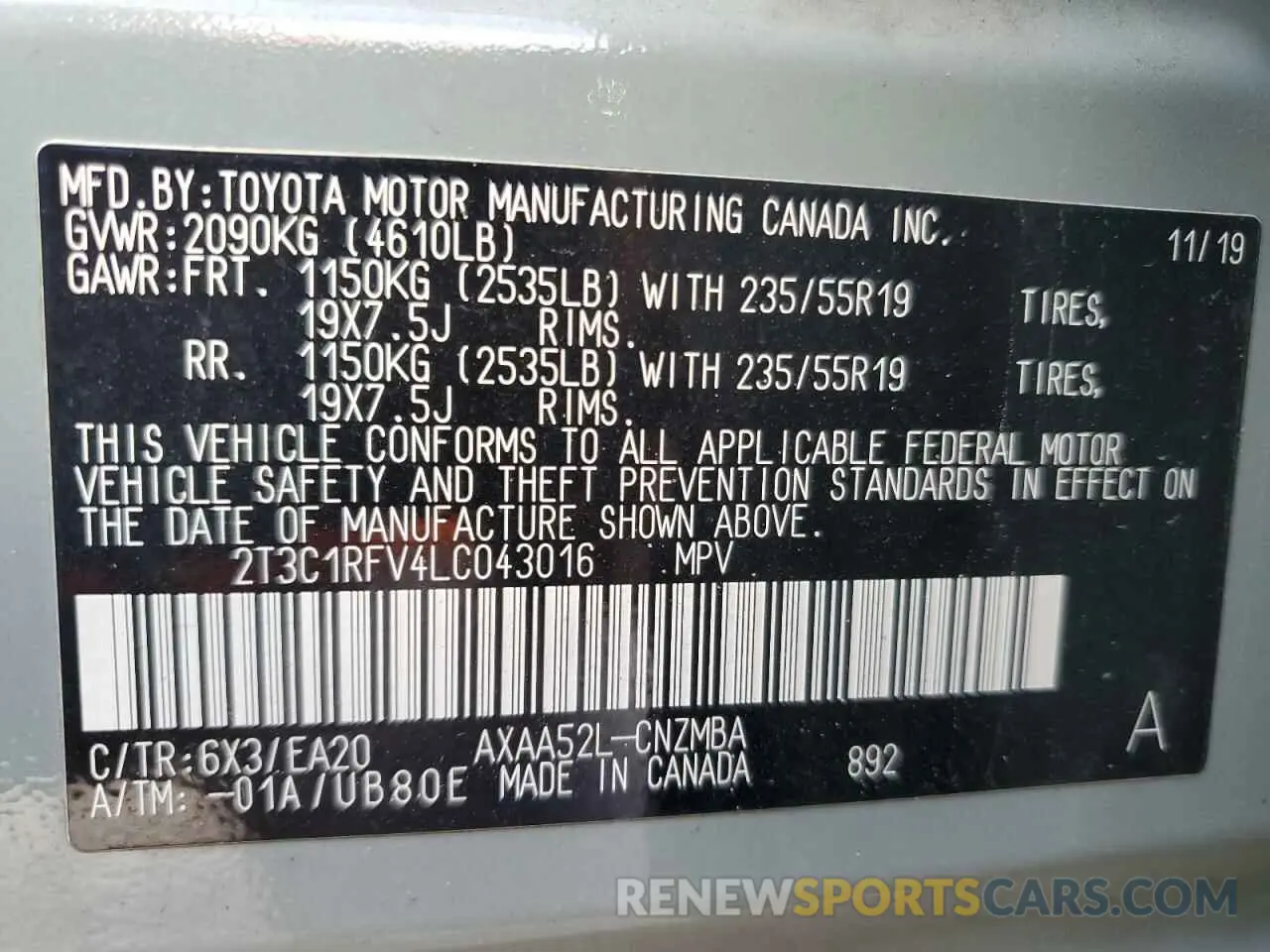 13 Photograph of a damaged car 2T3C1RFV4LC043016 TOYOTA RAV4 2020