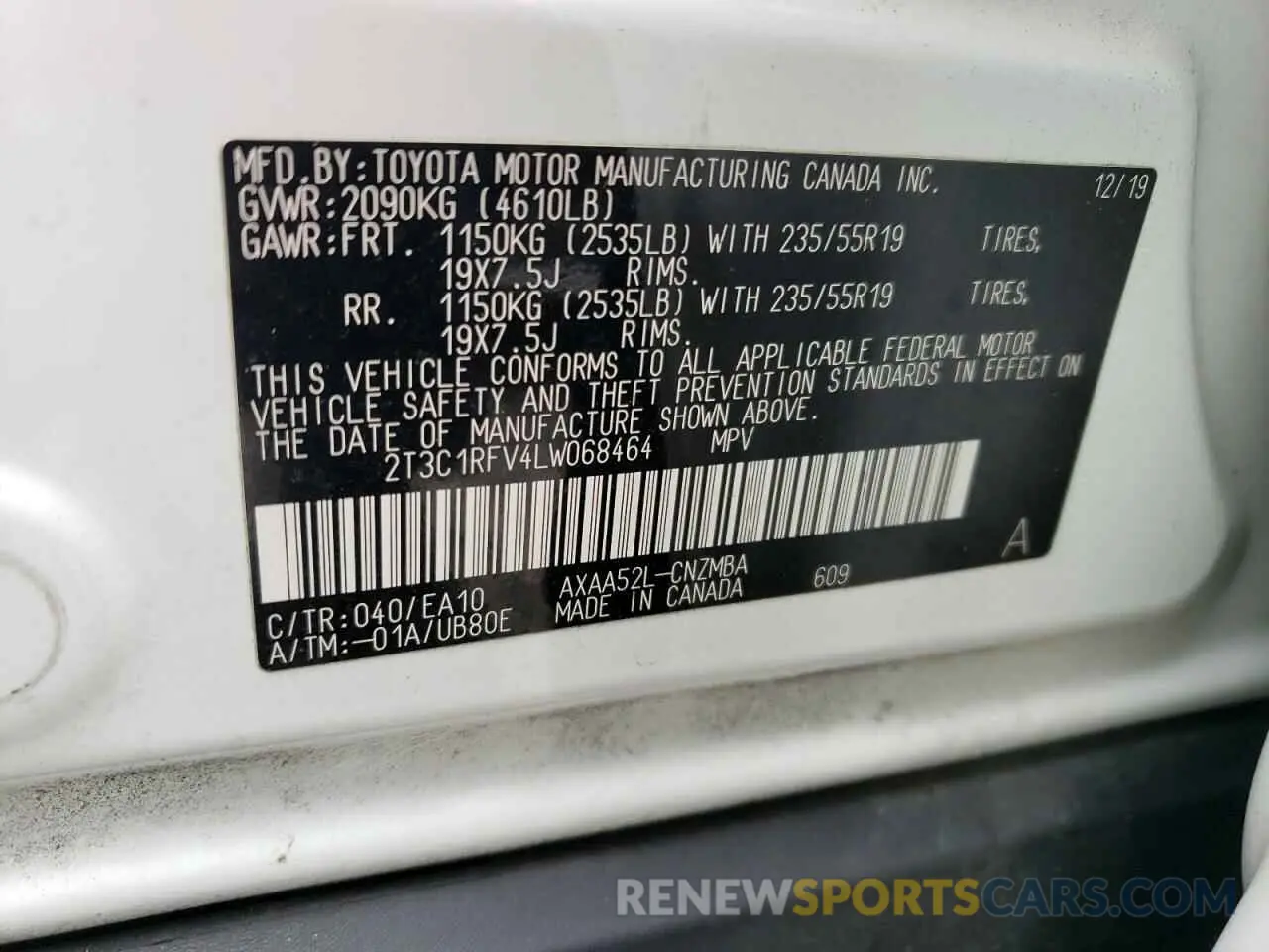 14 Photograph of a damaged car 2T3C1RFV4LW068464 TOYOTA RAV4 2020