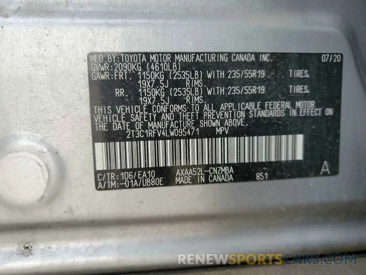 13 Photograph of a damaged car 2T3C1RFV4LW095471 TOYOTA RAV4 2020