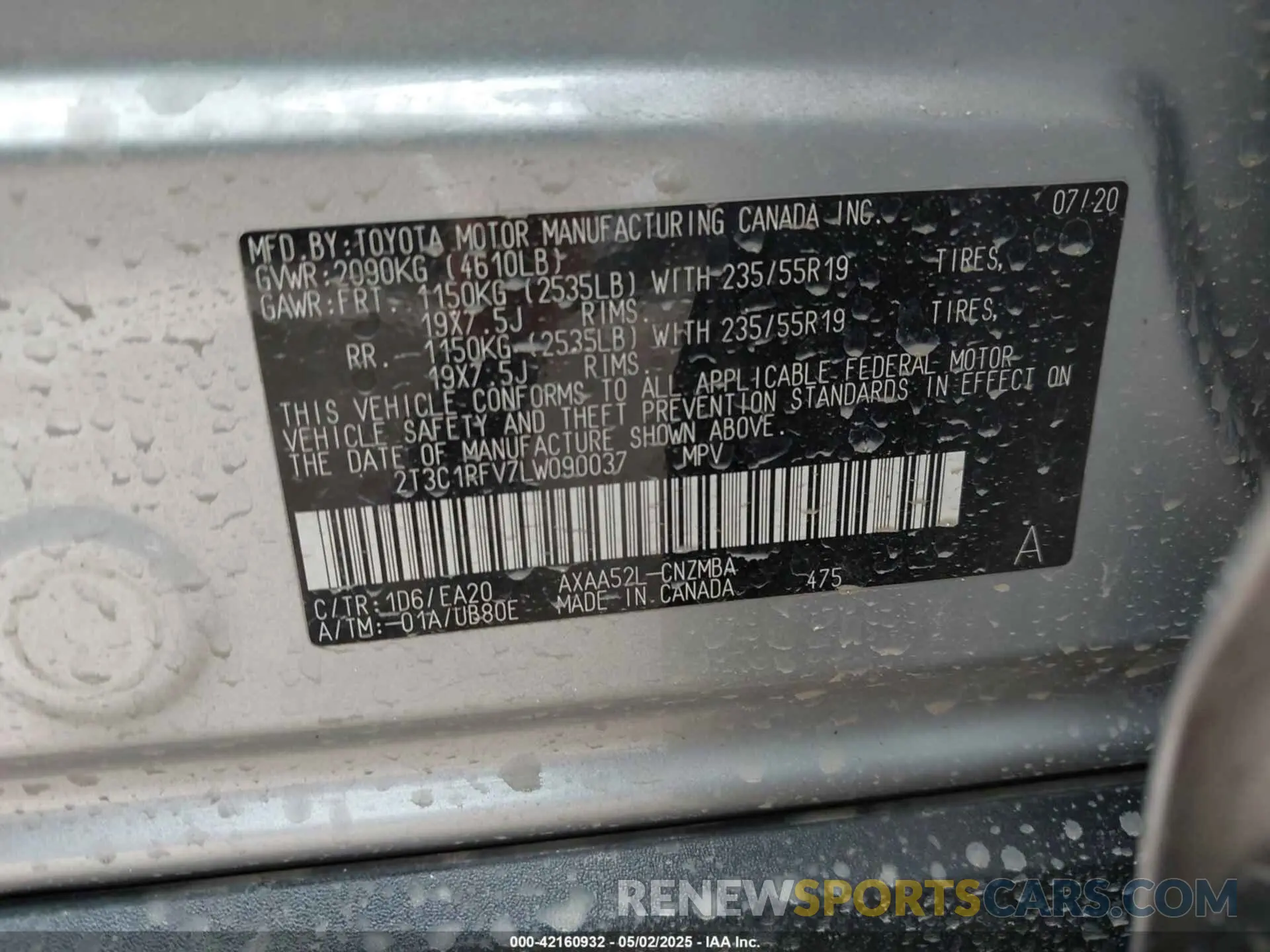 9 Photograph of a damaged car 2T3C1RFV7LW090037 TOYOTA RAV4 2020